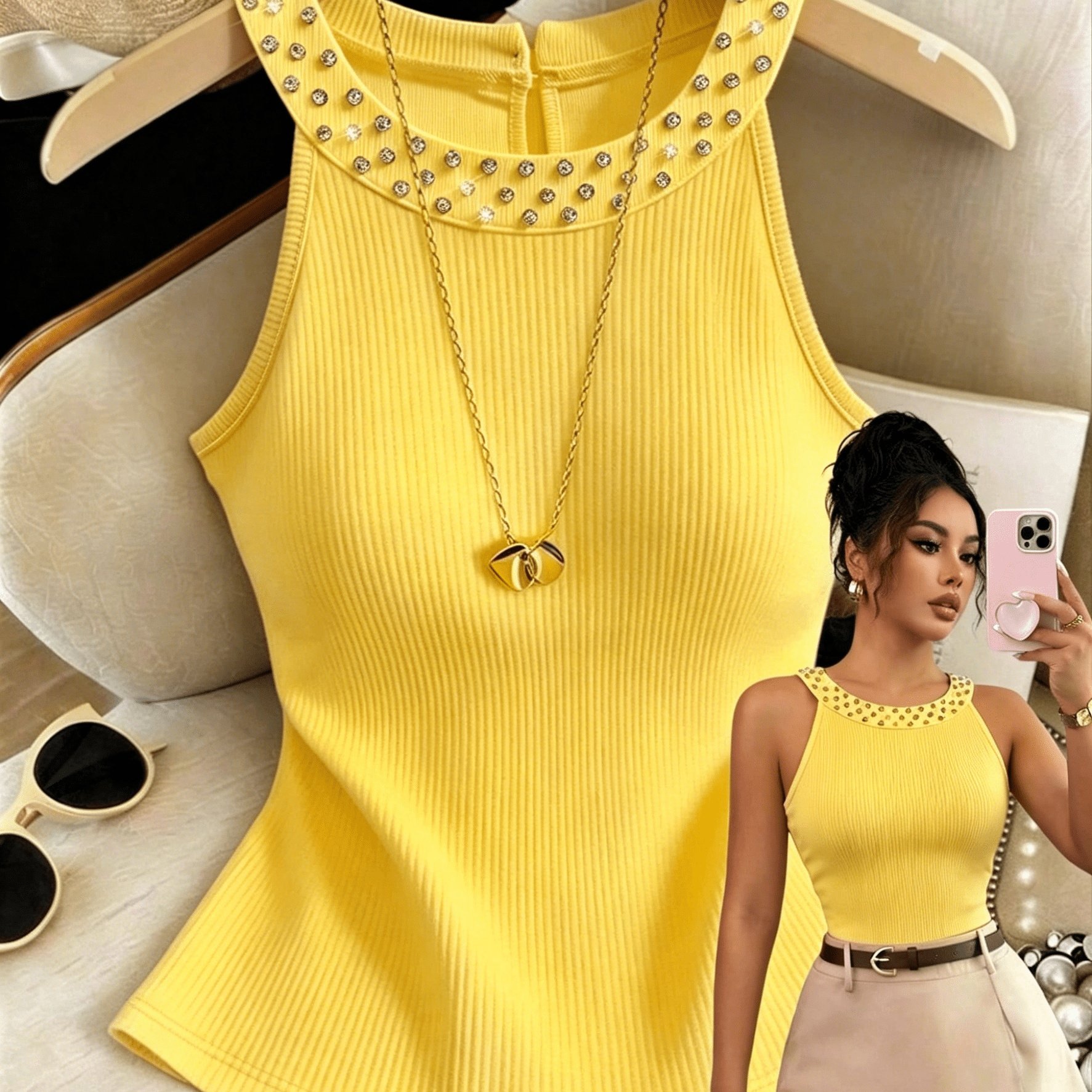 TEMU Women's Tank Top And Camisole, Sexy Fitted Round Neck With Beading