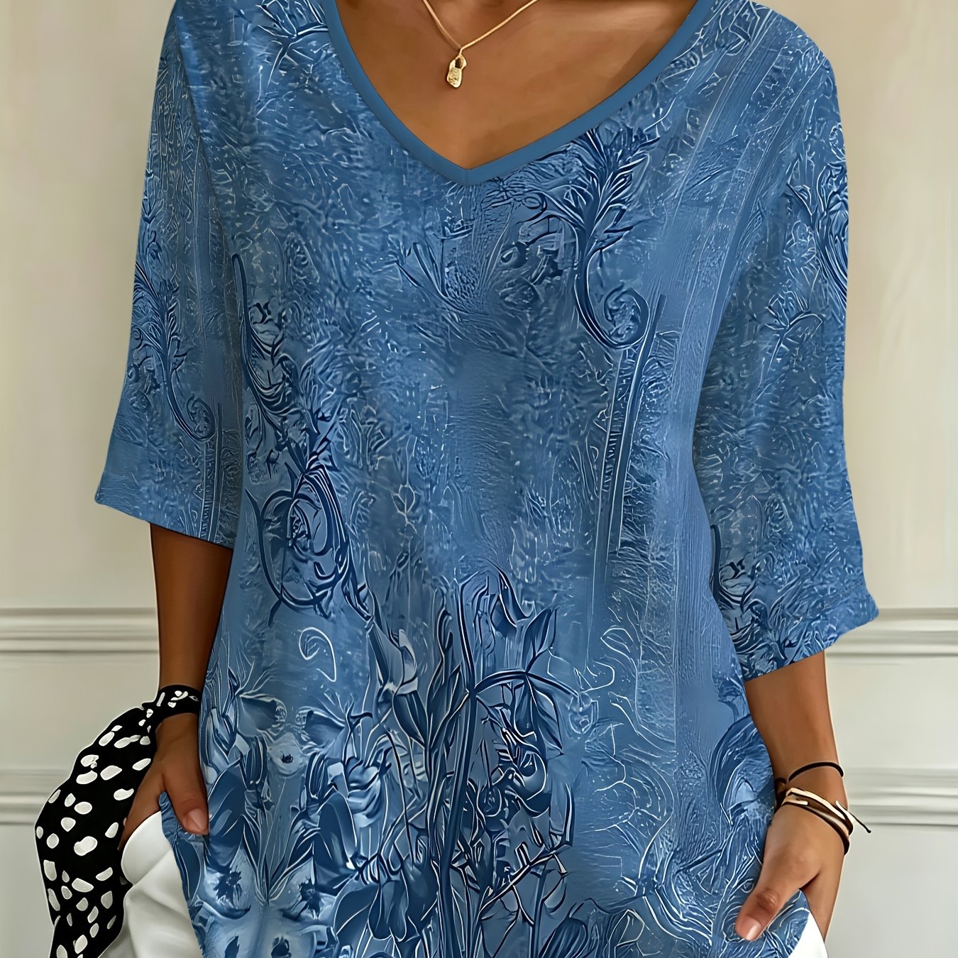 TEMU Plus Size - Casual Fashion Holiday New Women's Loose Plus Size V-neck Three-quarter Sleeve Wild