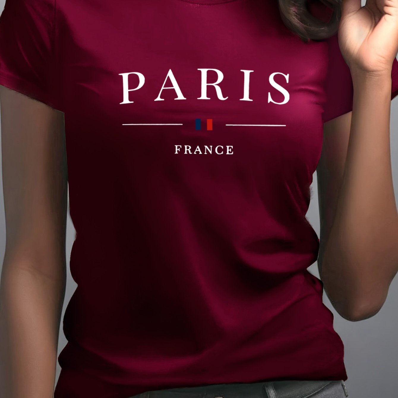 E-shop Damens T-Shirt "Paris France" - Grünes Kurzarmshirt mit Rundhalsausschnitt, Eiffelturm & Französisches Flaggen-Design, Mitteldehnbarer