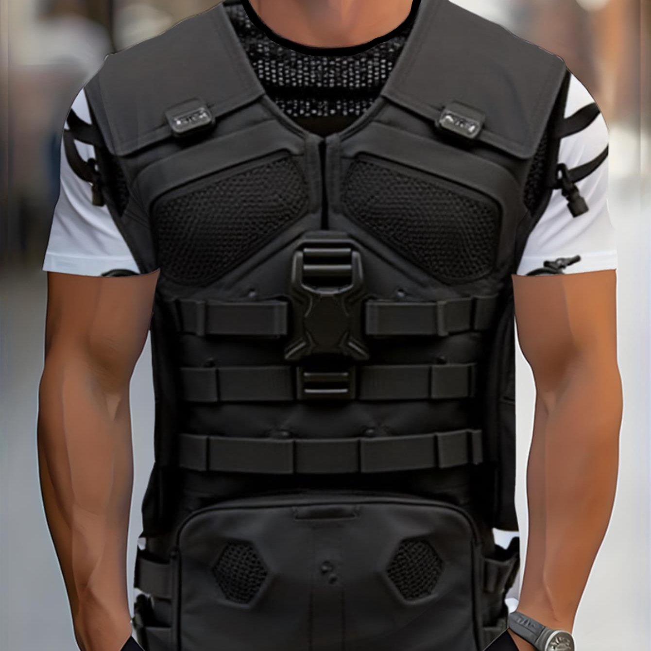 TEMU [printed Design - Not Textured] Men's Tactical Vest Design T-shirt, With Modular Panel Pattern Round Neck Short Sleeve Casual Tee, Suitable For
