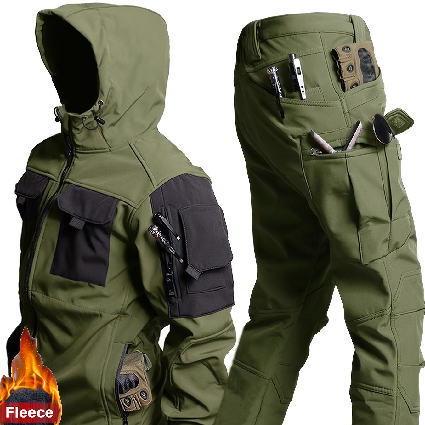 Image of Autumn And Winter Men's Fleece-lined Two-piece Set, Jacket With Hooded Warm Contrast Workwear Pants