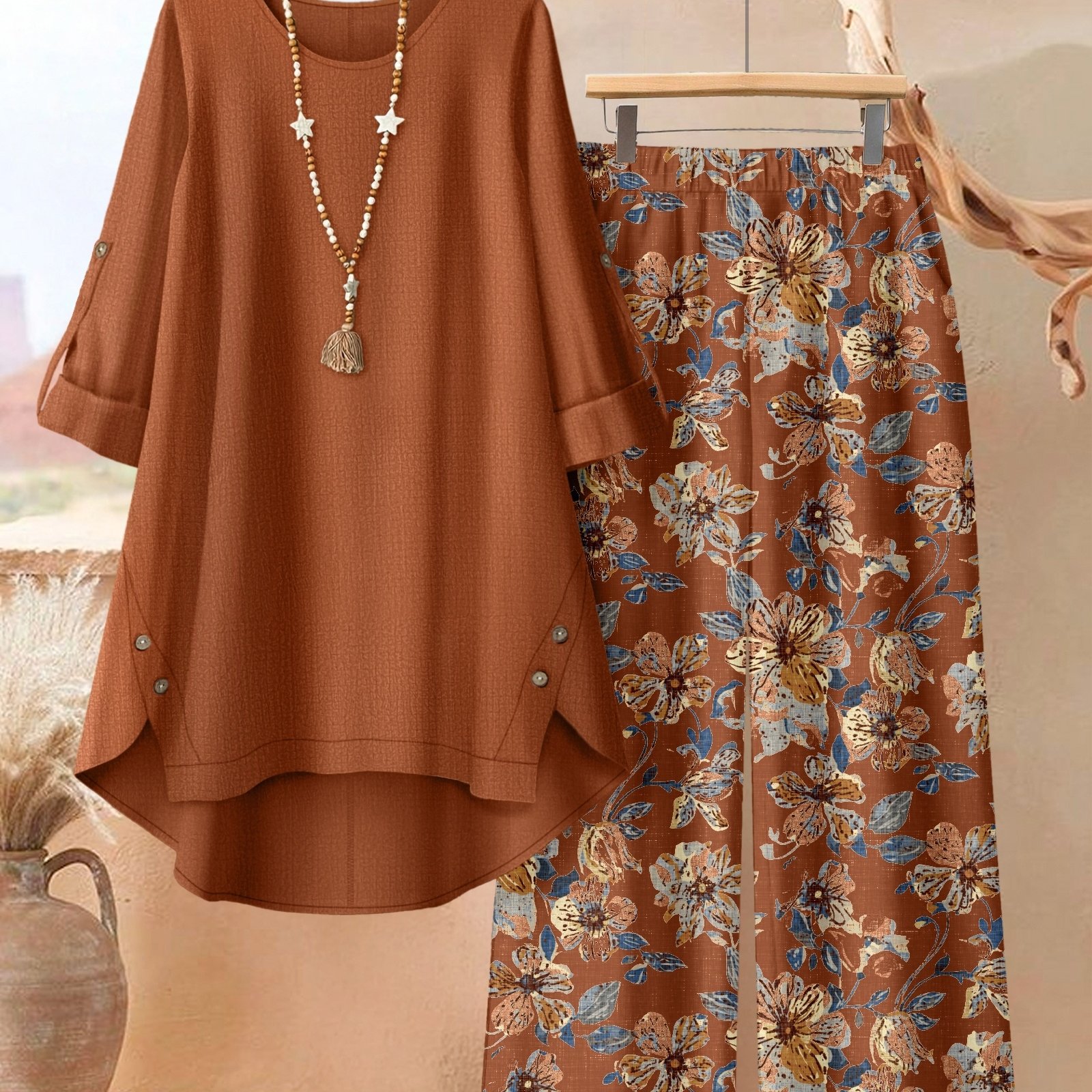 Plus Size, A 2pcs Set Of A Solid-color, Irregularly Hemmed With Floral Printed Trousers, Exuding