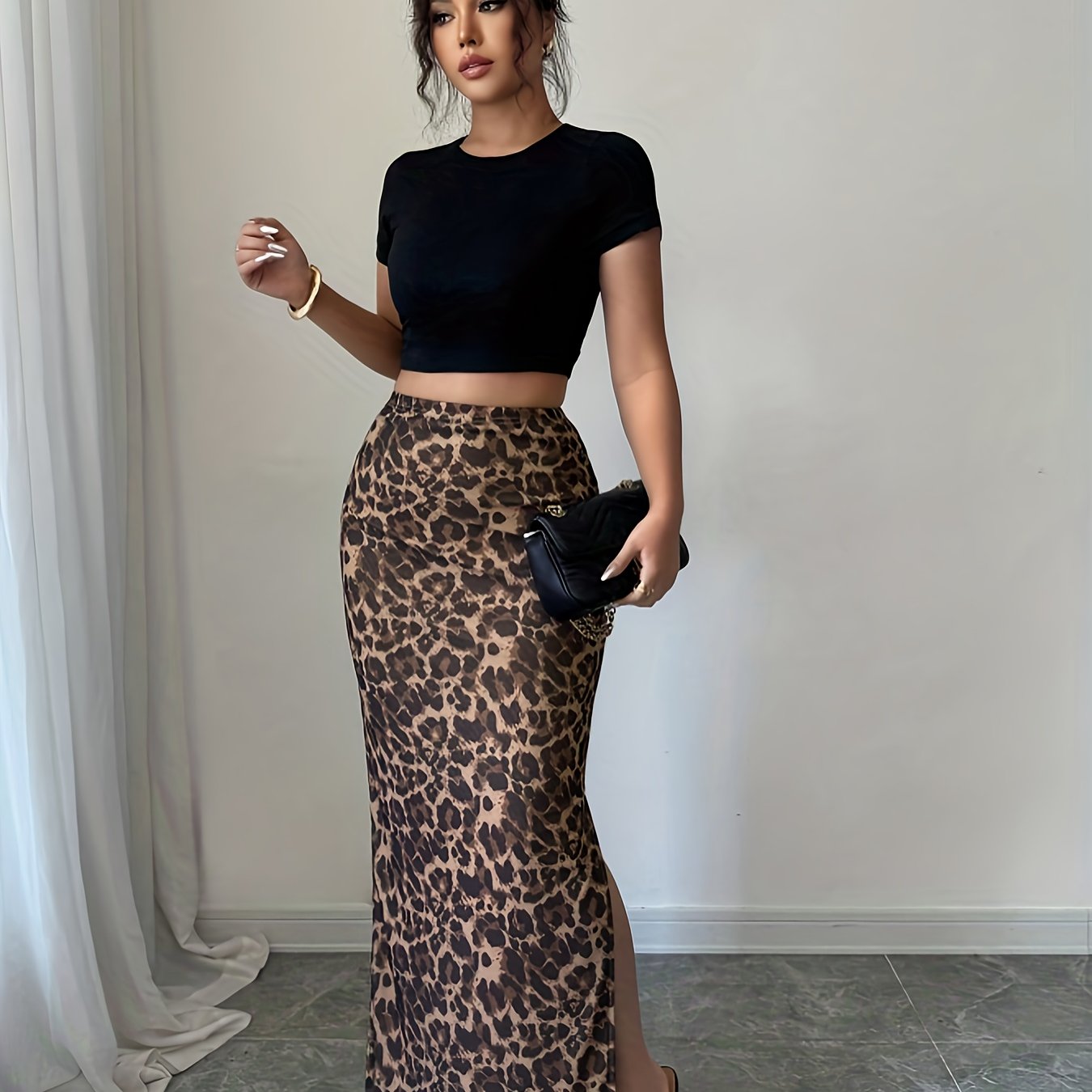 TEMU Targeted Women's Leopard Print Mesh Fitted Mini Skirt