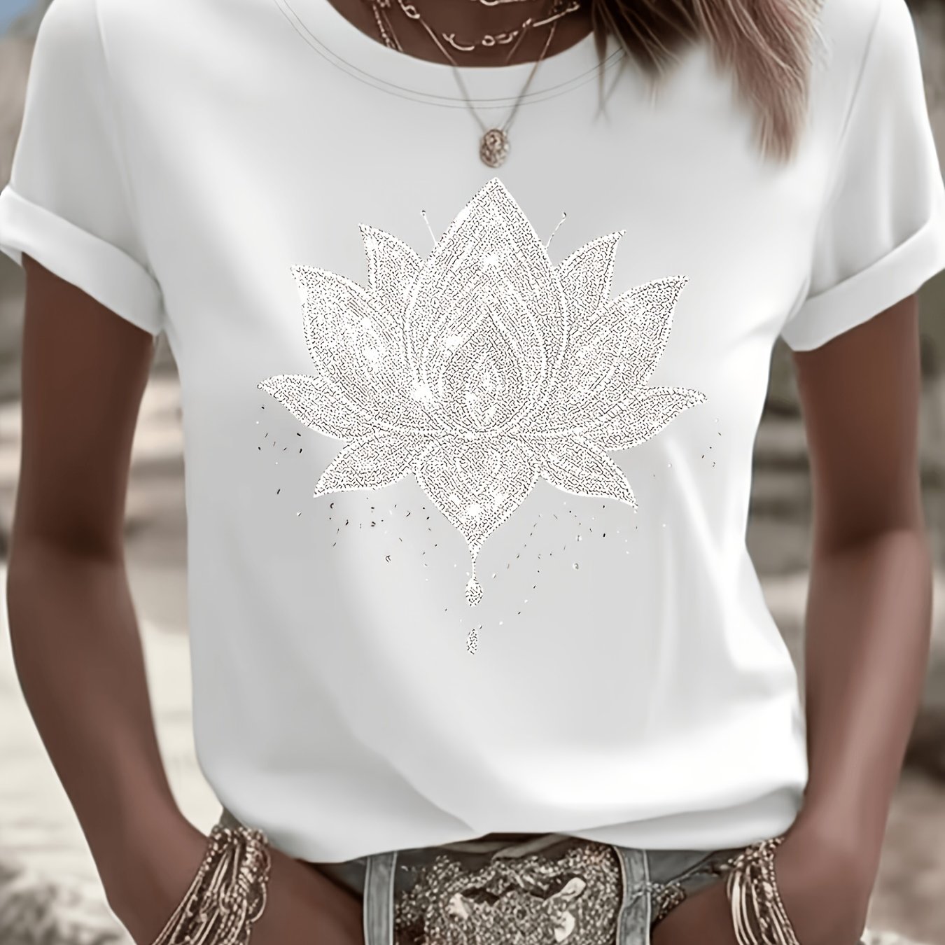 TEMU Light Luxury Print White Short-sleeved T-shirt Women's Summer New Loose Round Neck Gentle Style Versatile Ins Commuting Base Shirt--quanquan