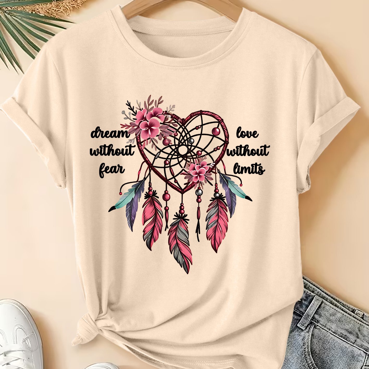 TEMU Women's Plus Size "dream Without Fear" T-shirt - Forest Dreamcatcher Print Round Neck Short Sleeve -compatible Top | Stretch Fabric Suitable For