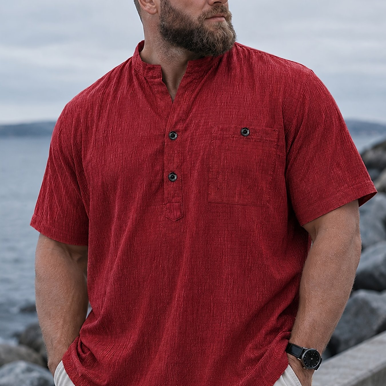 TEMU [ Ying Obm] Men's Plus Size Short Sleeve Henley Shirt, 2xl-6xl Big & Tall Lightweight Breathable Summer Button-up Shirt, Loose Fit Solid Color