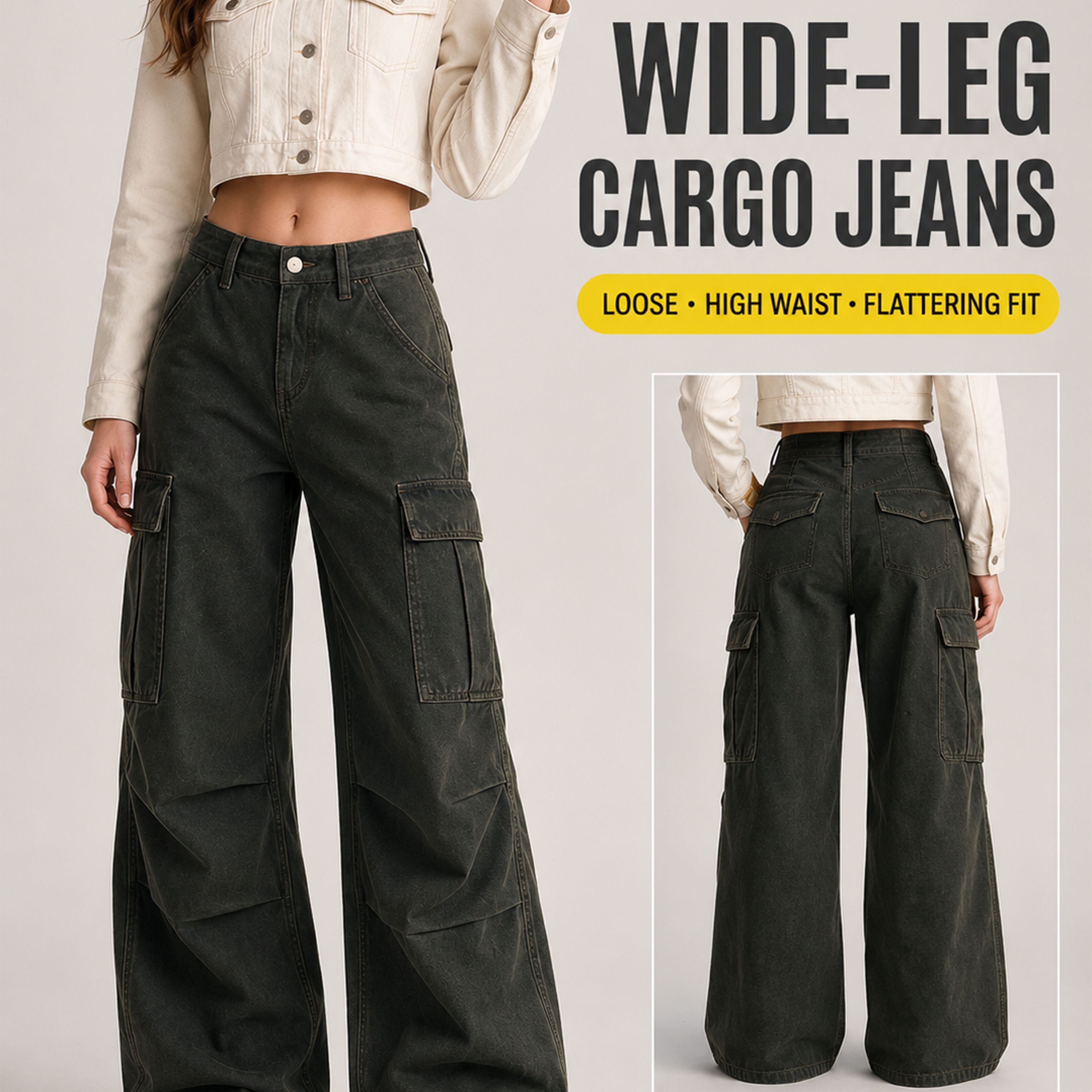 Image of High Quality Women's Wide Leg Cargo Jeans, High Waist Loose Baggy Multi-pocket Washed Casual Denim Trousers, Floor-length Work Pants