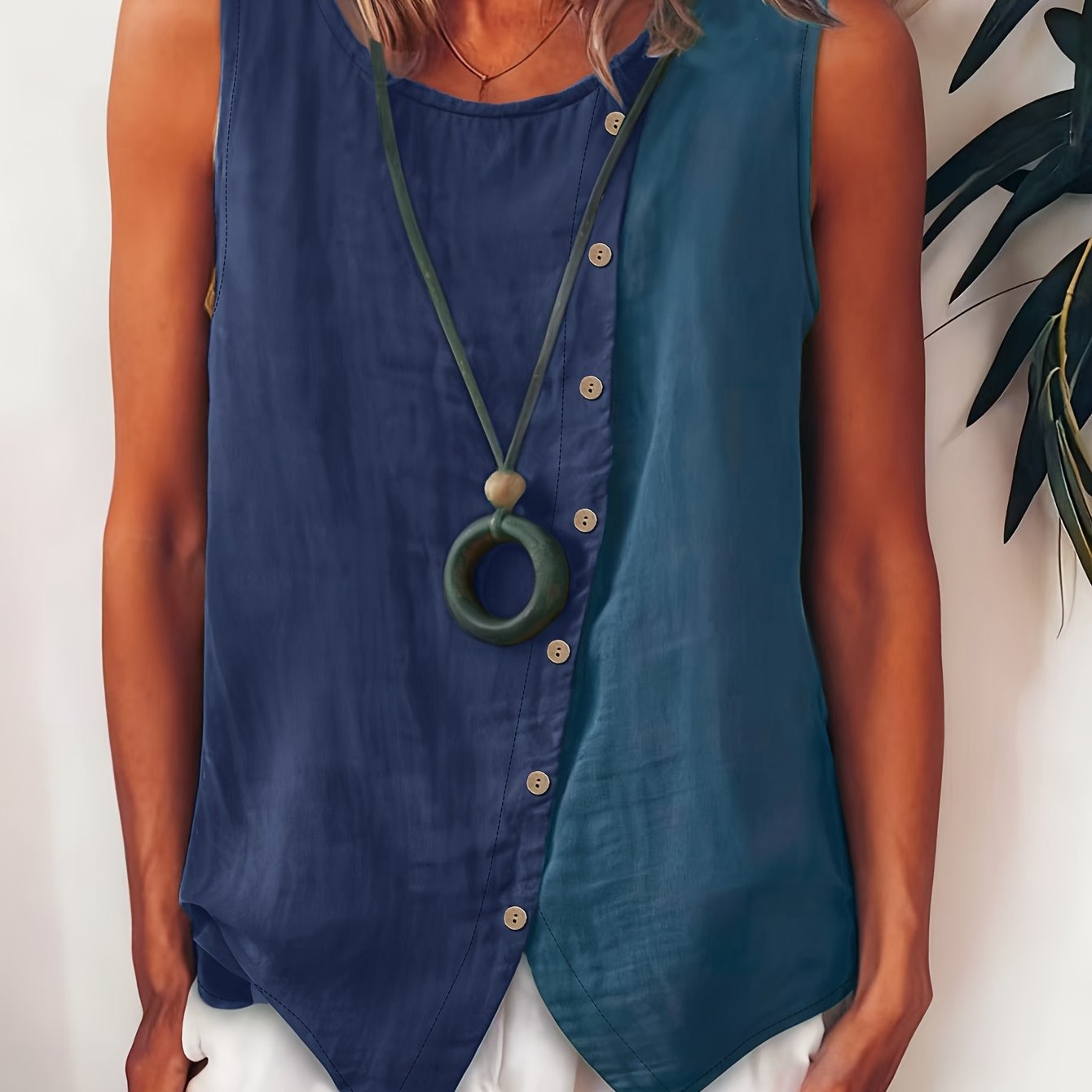 TEMU Gilet da donna senza maniche a blocchi di , top e casual con bottoni laterali asimmetrici e scollo