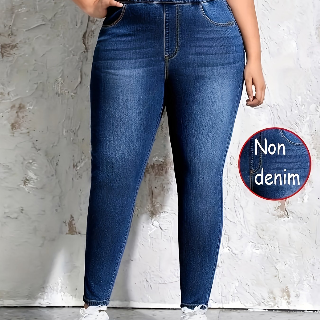TEMU [Bedruckte Hose - Kein Denim-Stoff] Übergröße - Übergröße [ Denim Print/ Denim] [ Denim Print] Damen Stilvolle Lässige High-Waist Denim