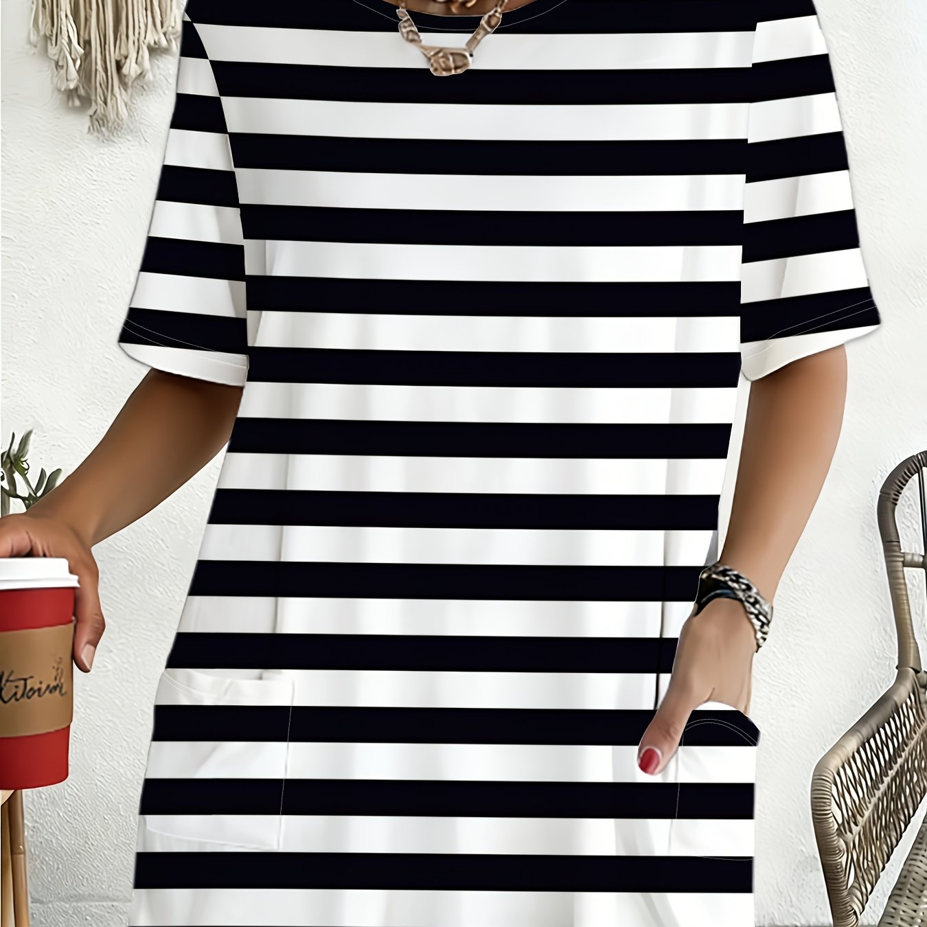 TEMU Black And White Striped Plus Size Women's T-shirt