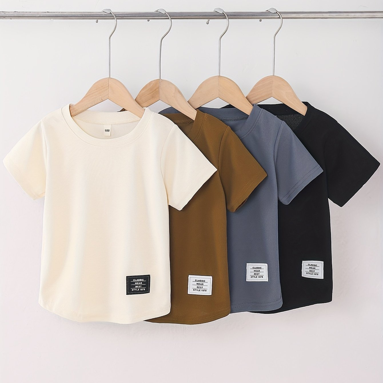 Boys' Waffle Knit Letter Print Crewneck T-shirt Four-pack, Ideal For Summer Daily , Versatile Colors