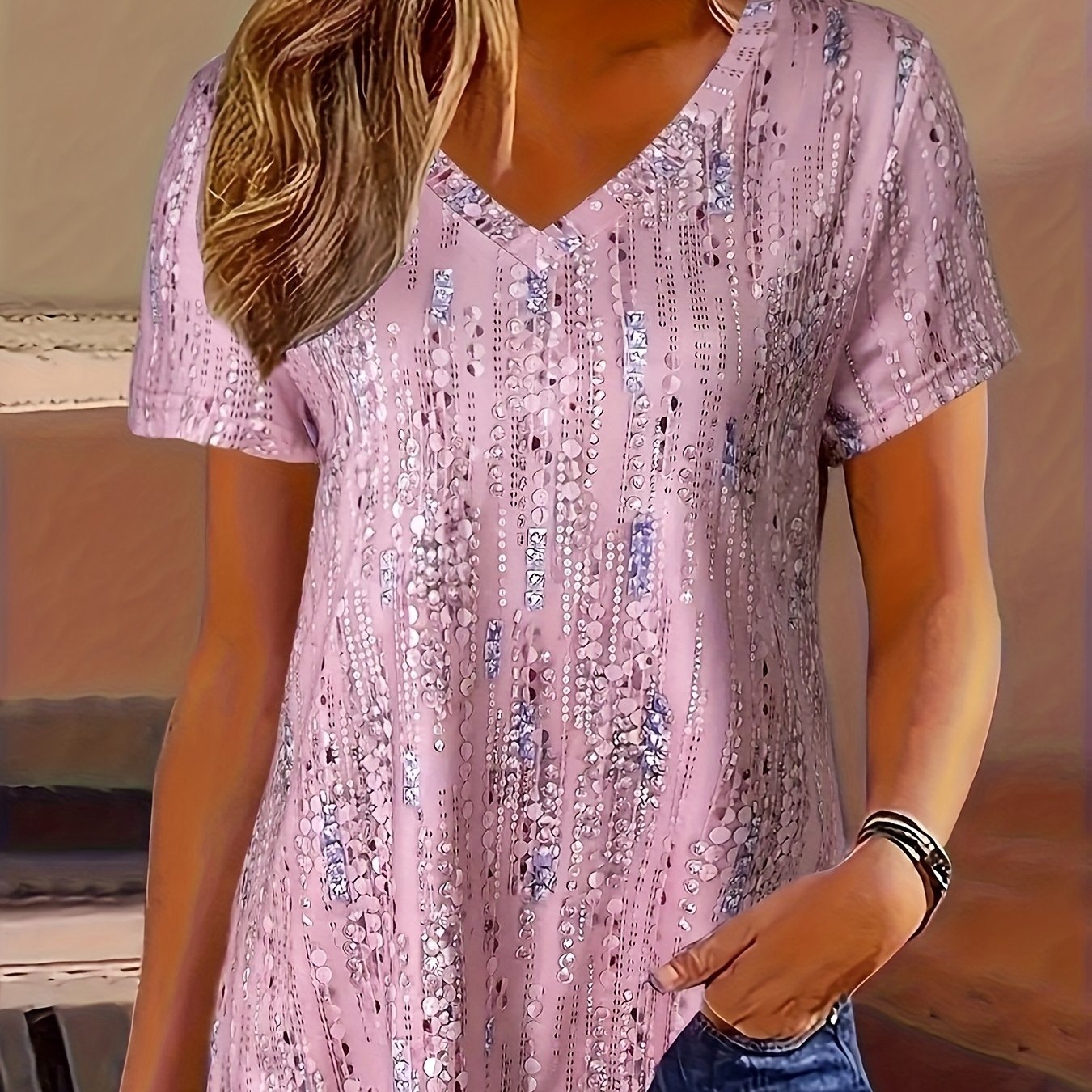 Plus Size, Printed V-neck T-shirt, Spring/summer Casual Short-sleeve T-shirt, Women's Clothing
