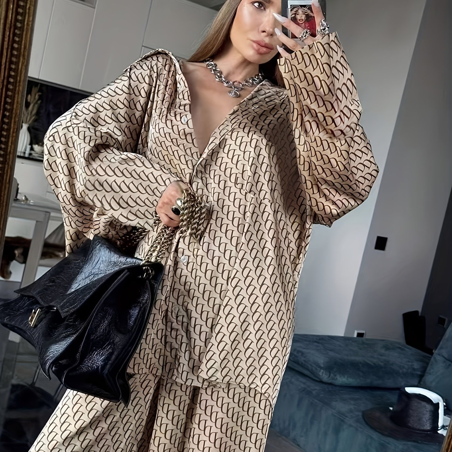Image of 2pcs Women's Pants Set, Fashion Letter Print Cardigan Long Sleeve Shirt And High-waist Loose Comfortable Casual Wide-leg Pants Set