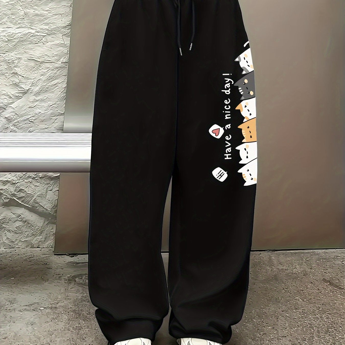 TEMU Cute Cat Peek-a-boo Print Athletic Casual Sweatpants, Women's Drawstring Elastic Waist Straight Leg Trousers