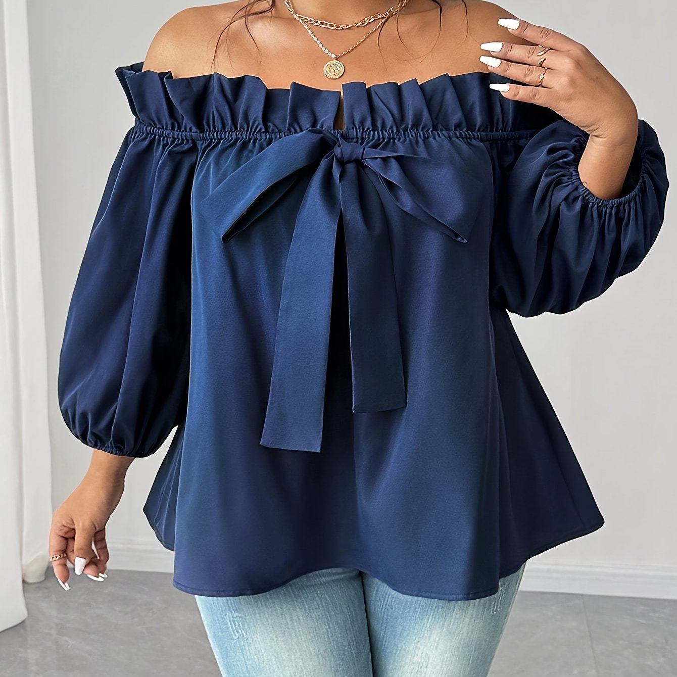 TEMU Taglie forti - Taglie forti - Taglie forti - Taglie forti Blusa elegante senza spalle per donna con - lunga, , tessuto non elasticizzato,