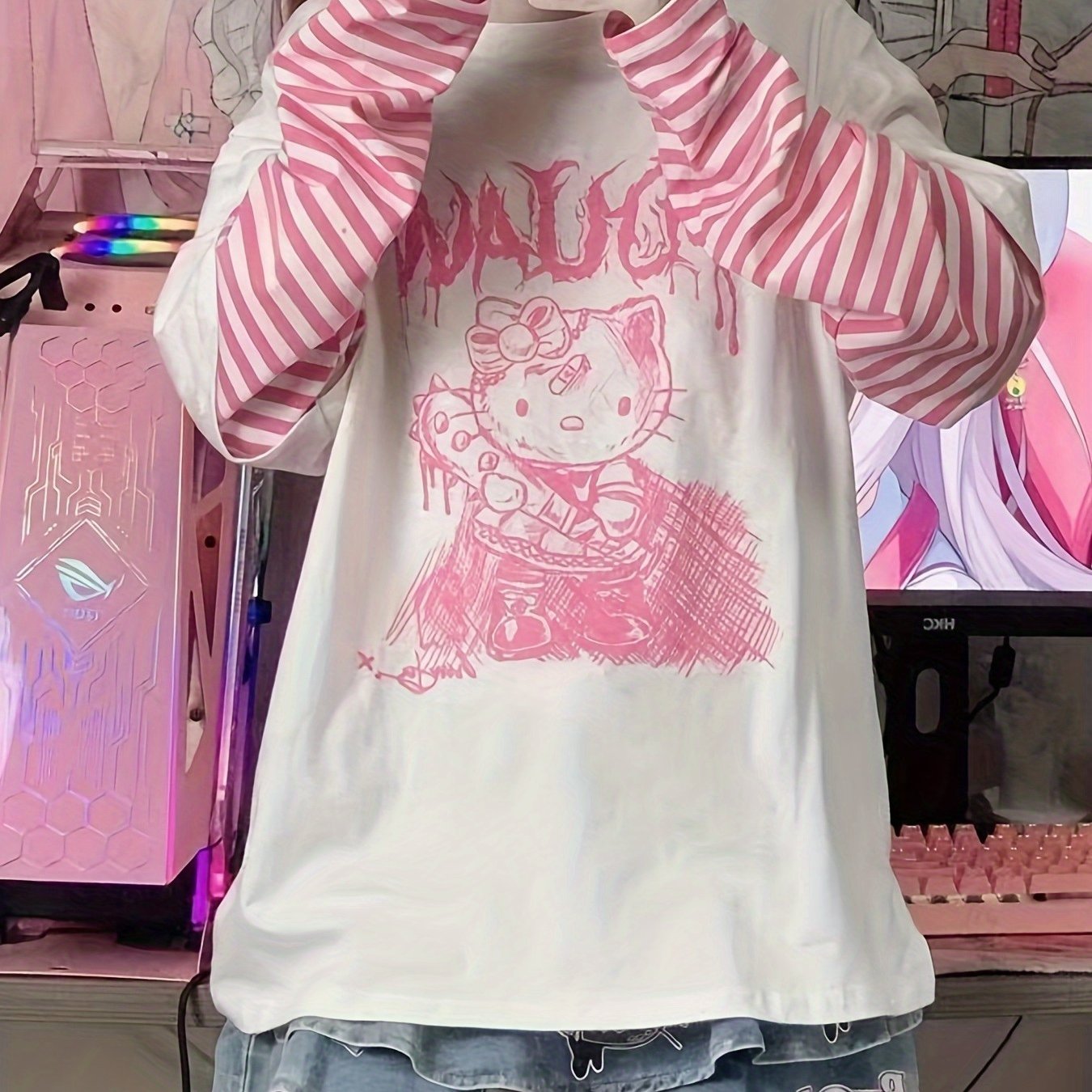 TEMU 1pc Tops [ ] Hello Kitty Japanese Sweet Cool T-shirt Women New Loose False 2 Pieces Long Sleeve Kitty Tops Women