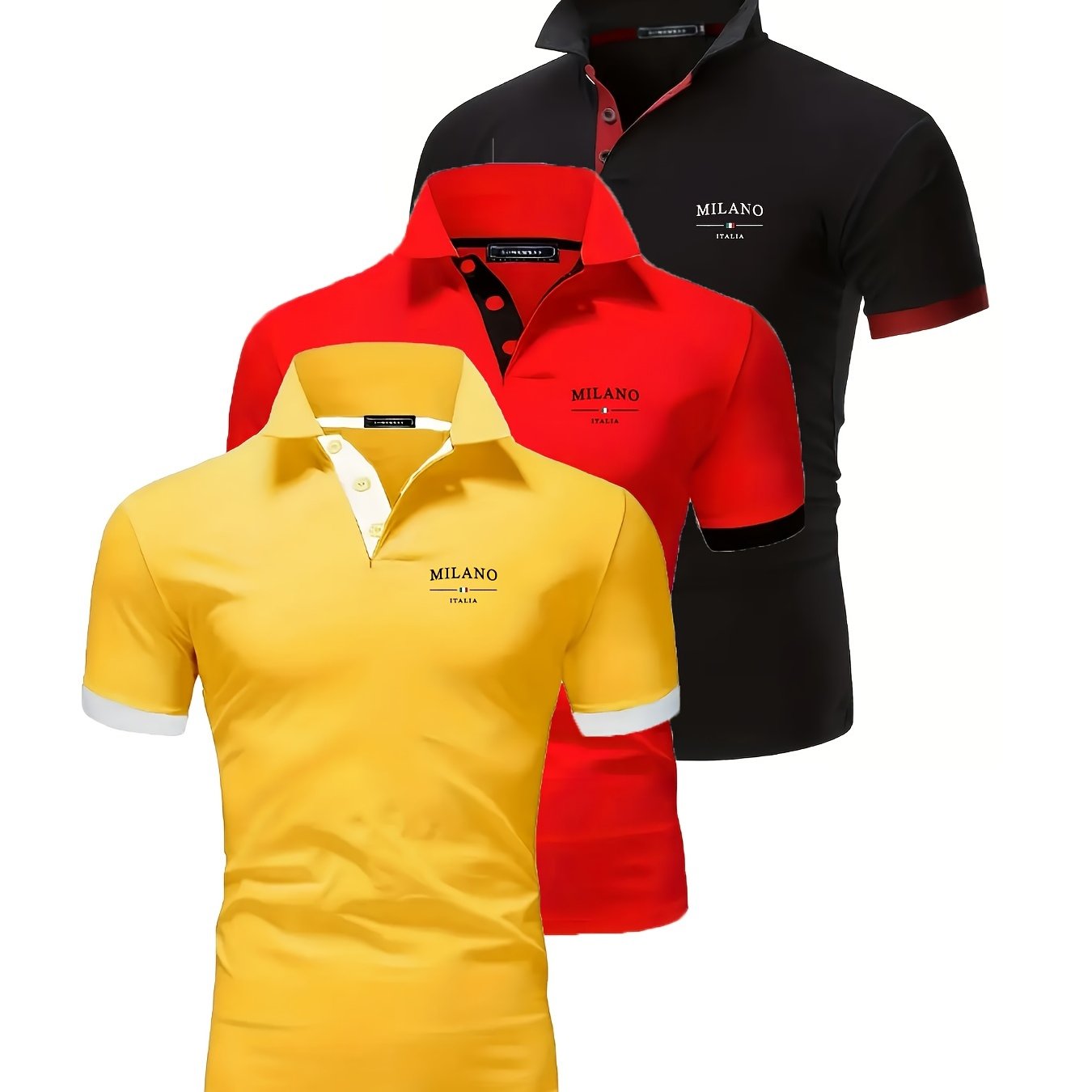 Image of Men's Summer Breathable And Soft Knitted Golf Shirt 3pcs Set, Stylish Letter Print And Contrasting Collar Design, Suitable For Outdoor Golf And Casual Wear, Men's Gift