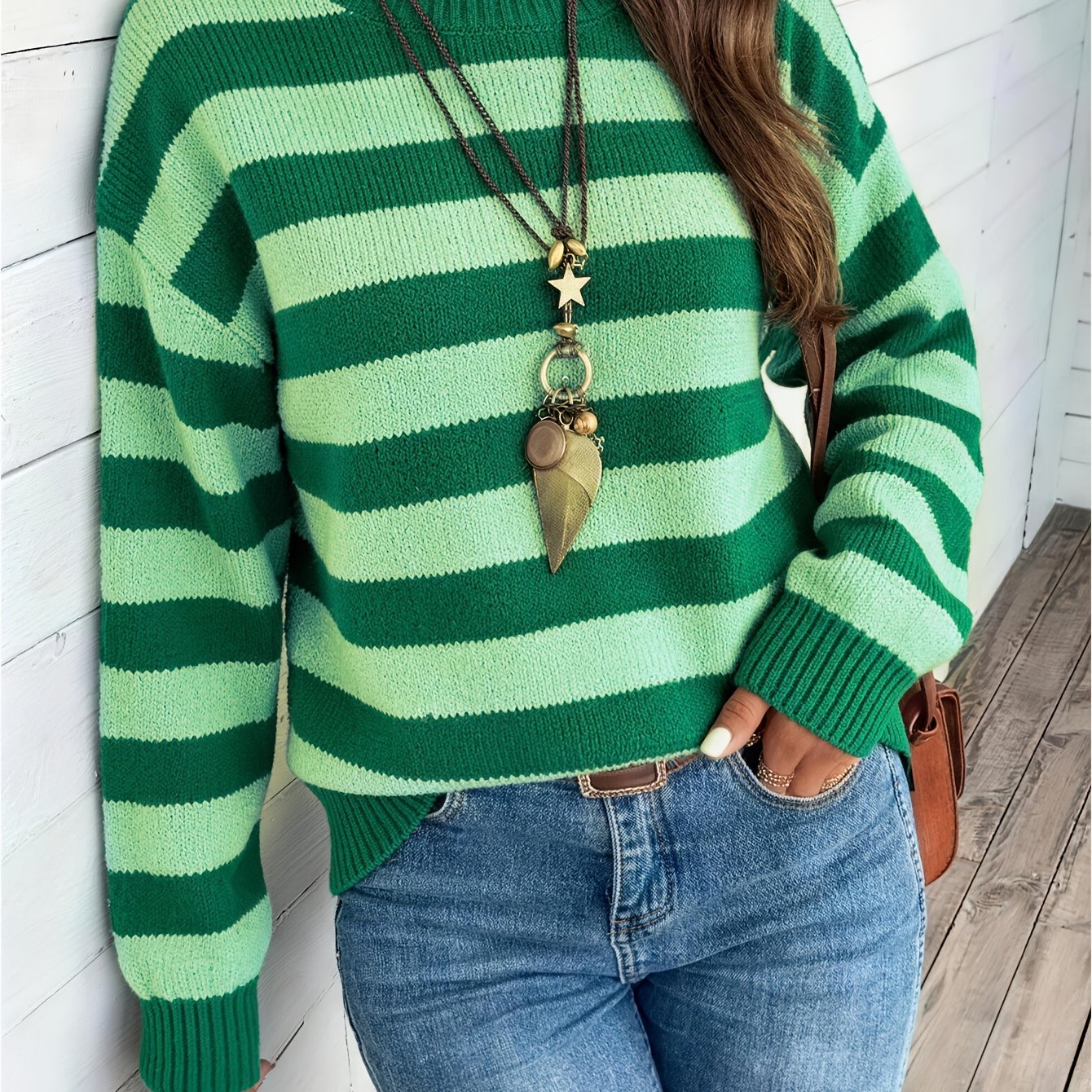 TEMU Striped Pattern Drop-shoulder Sweater, Long-sleeve Pullover Top, Suitable For Autumn To Winter Wear