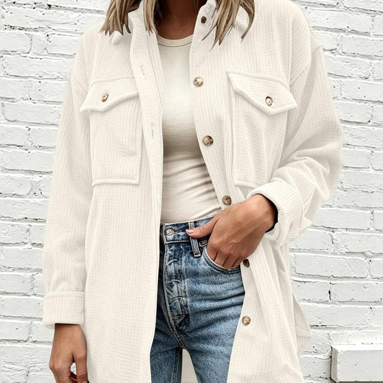 Image of Women's Corduroy Shirt Button Cardigan Long Sleeve Oversized Blouses Tops 2026 Dressy Casual Shackets Jackets With Pockets Fall Winter Warm Outfits