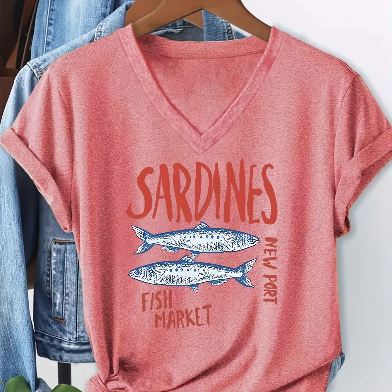 TEMU Camiseta retro estilo pesca, puerto, mercado de , estampado , cuello en V, manga corta