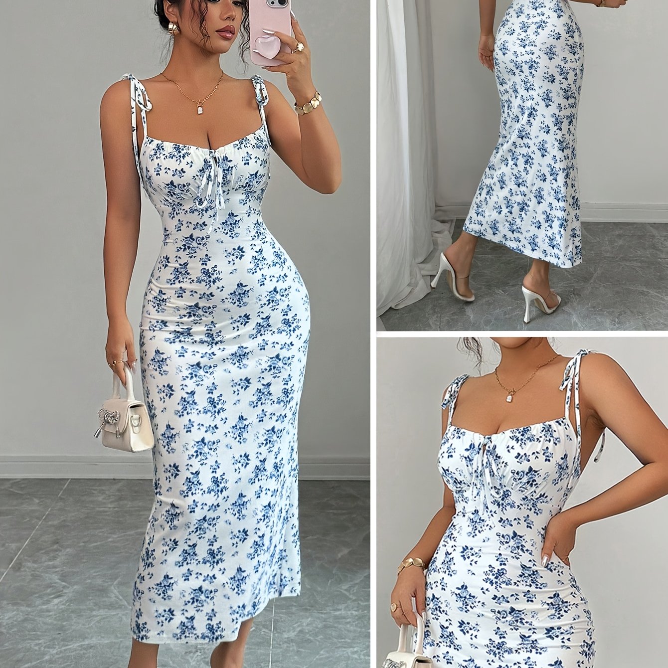 TEMU Elegant Floral Strap Dress For Women