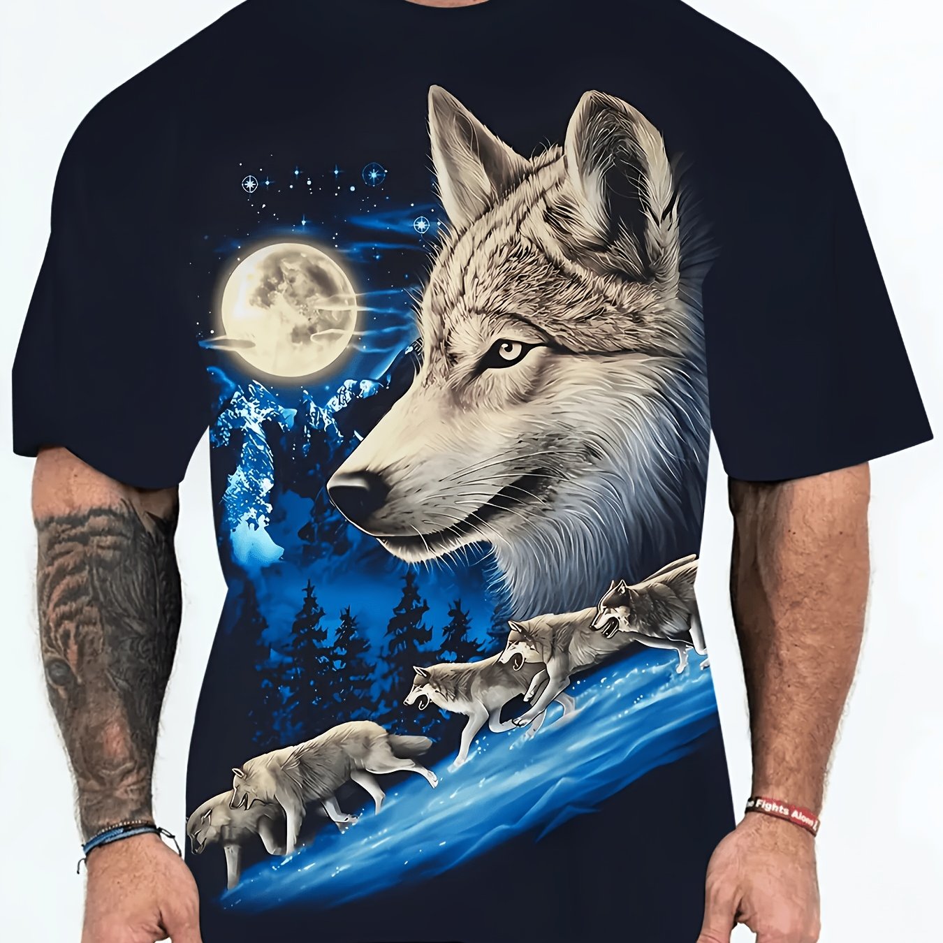 TEMU [printed Design- Not Textured] Men's Plus Size Wolf And Print T-shirt - Casual And Comfortable, Short-sleeve Summer Outdoor Adventure T-shirt