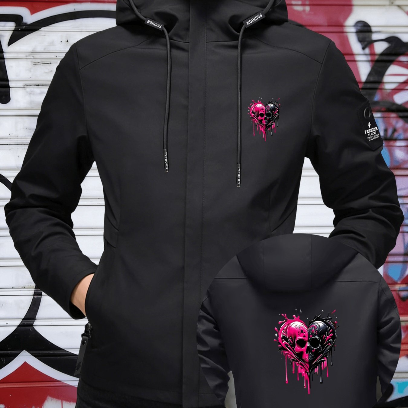 TEMU Women's Hooded Outdoor Jacket Featuring A Pink And Black Skull , Perfect For Casual And Summer. This Breathable And Durable Windbreaker Is A