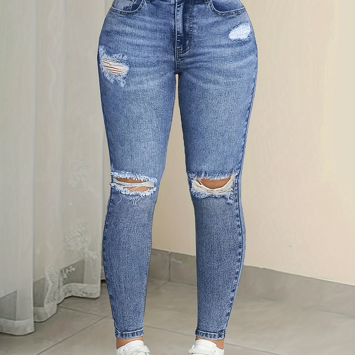 Blue Snowflake Ripped Fashion Elastic Leggings Denim Jeans