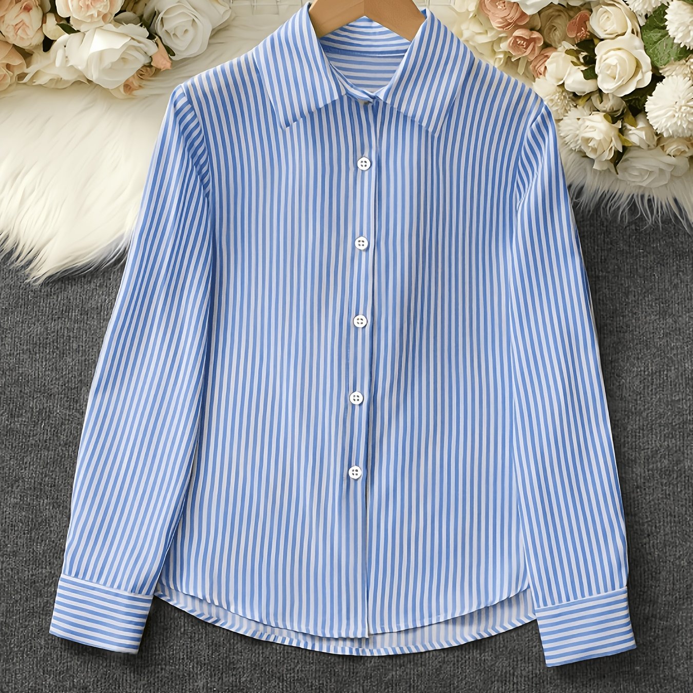 TEMU Elegant Special Edition Women's Striped Print Shirt - Long Sleeve Button- Shirt With Classic Collar, Suitable For Office, Commuting, Or Formal