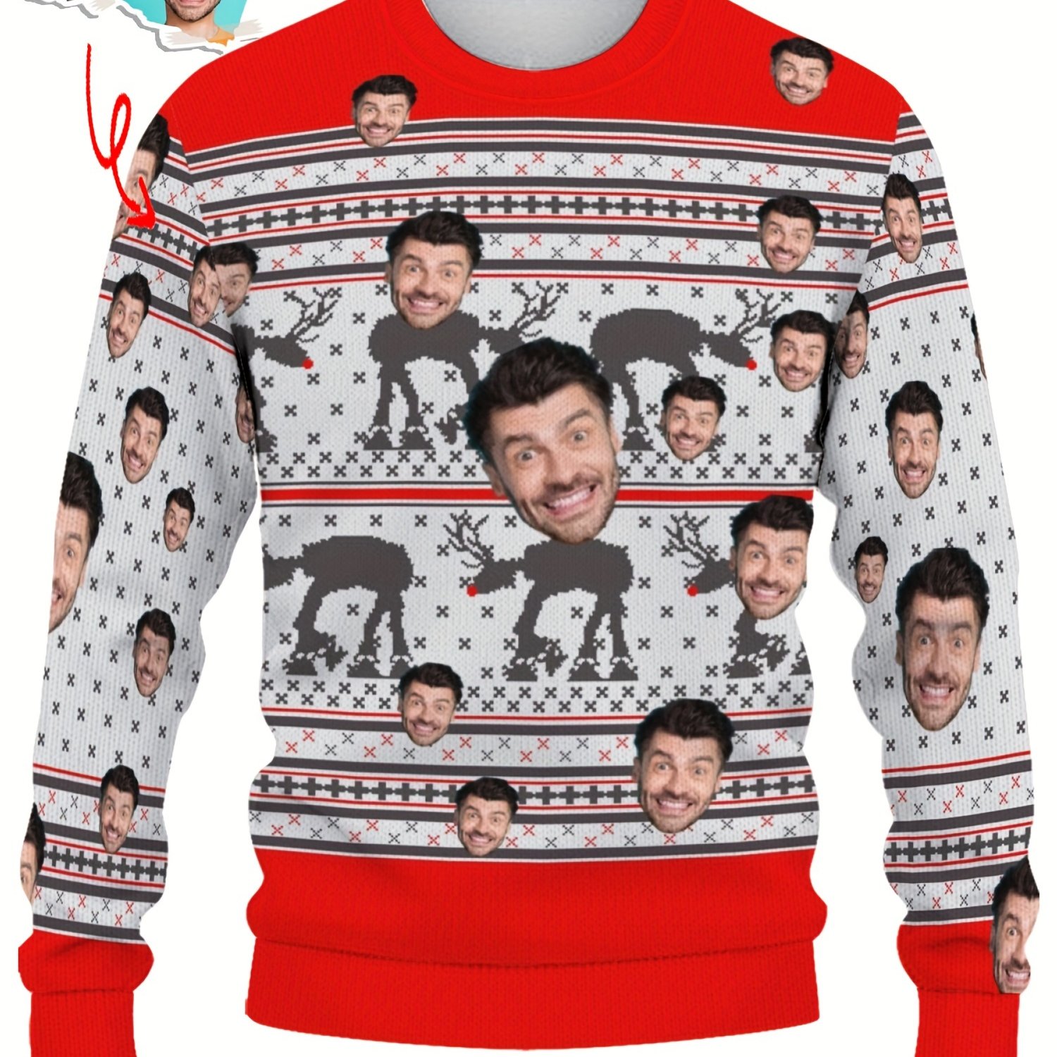 TEMU Custom Long Sleeve Sweater | Crew Neck, Medium Stretch Fabric, Portrait Pattern, Regular Fit For Men - Ideal Christmas Gift
