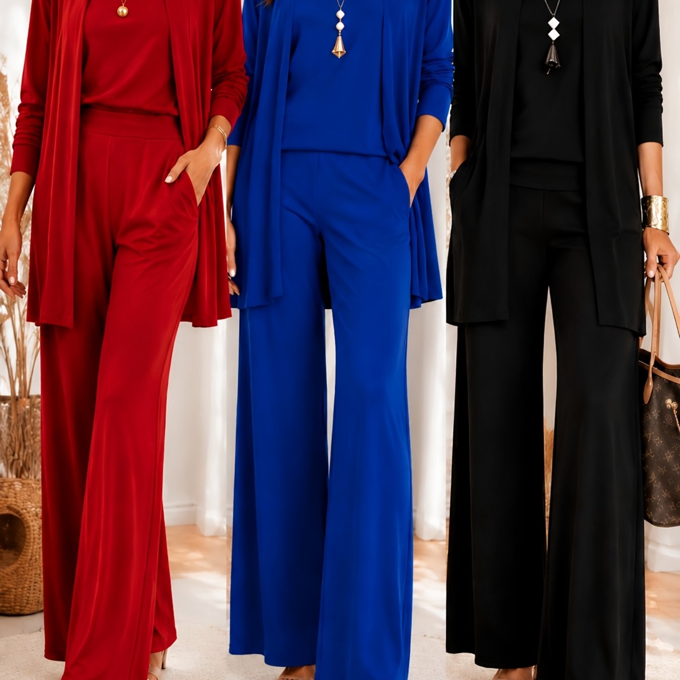 TEMU Elegant Ladies Solid Color 3pcs Matching Suit Long Sleeve Draped Cardigan Sleeveless Basic Top Loose Wide Leg Pants Stretchy Breathable Multi