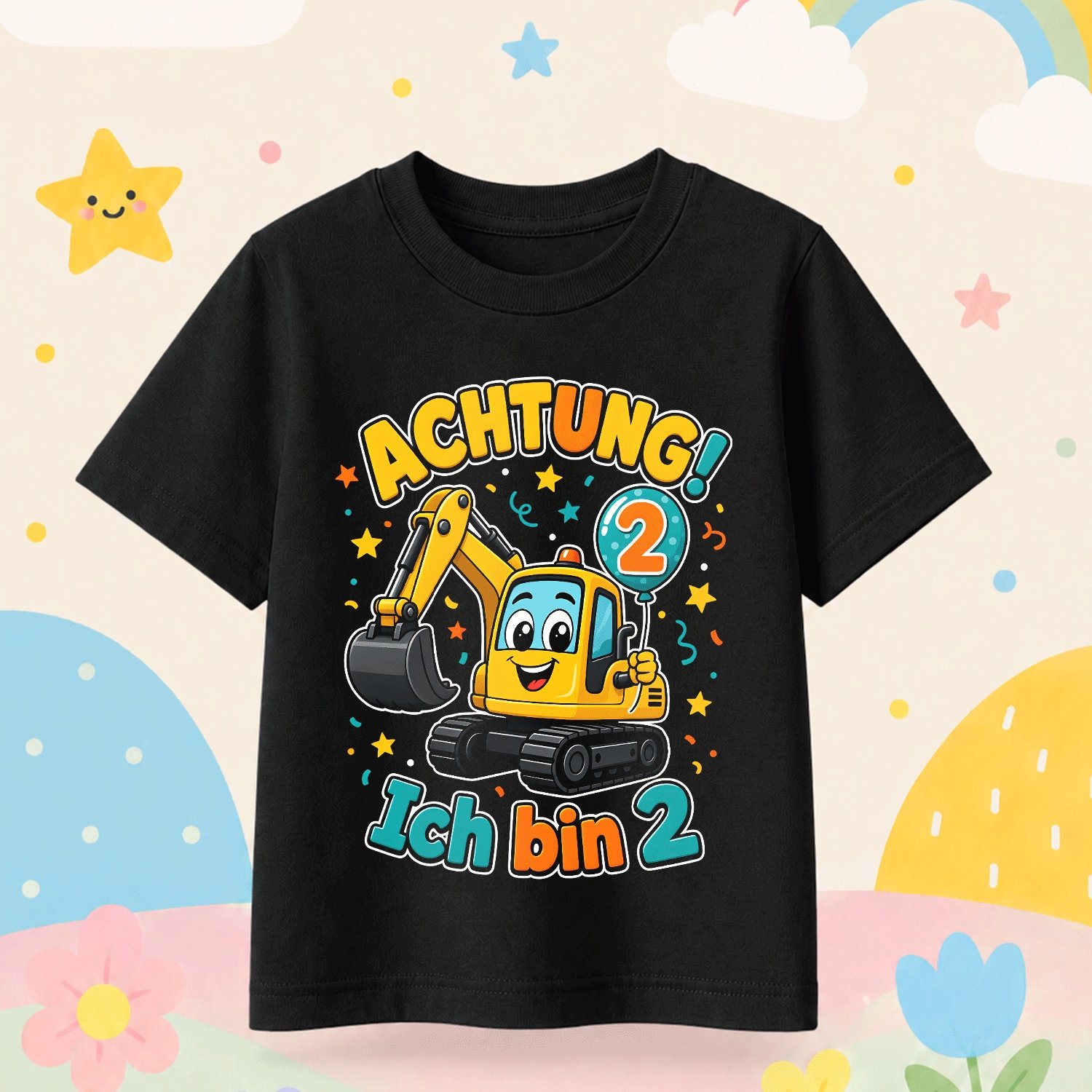Image of Excavator 2nd Birthday Shirt German Achtung Ich Bin 2 Toddler For Boys Girls Kids Chlidren T-shirt, Kids' Summer Beach Vacation T-shirt- Breathable Boys& Girls Resort Wear