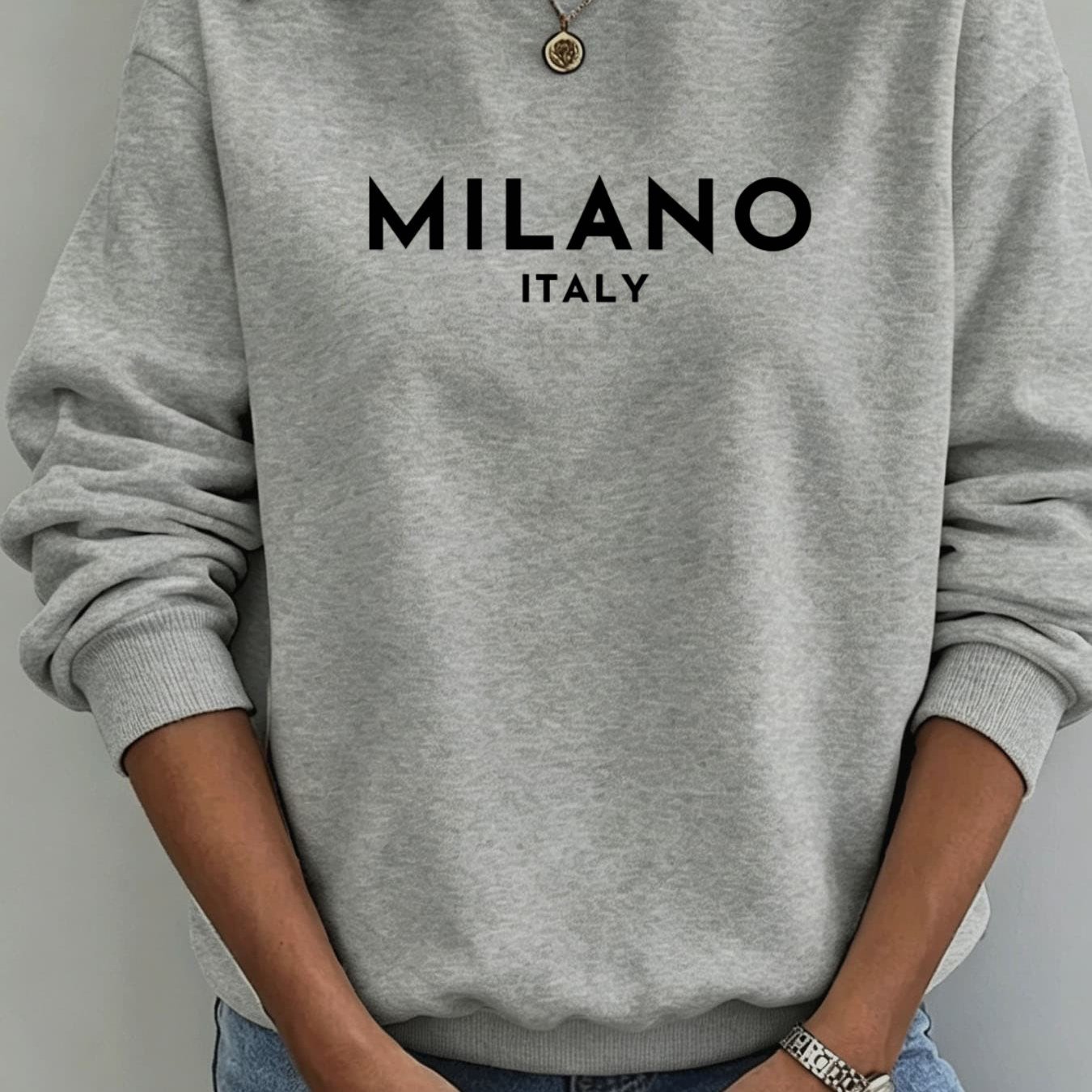 Image of Autumn Winter New Arrival Fleece Hoodie For Women - Loose Fit Letter Print Italy Pullover, Casual Comfortable & Breathable, Versatile Daily Wear, Round Neck Sweatshirt