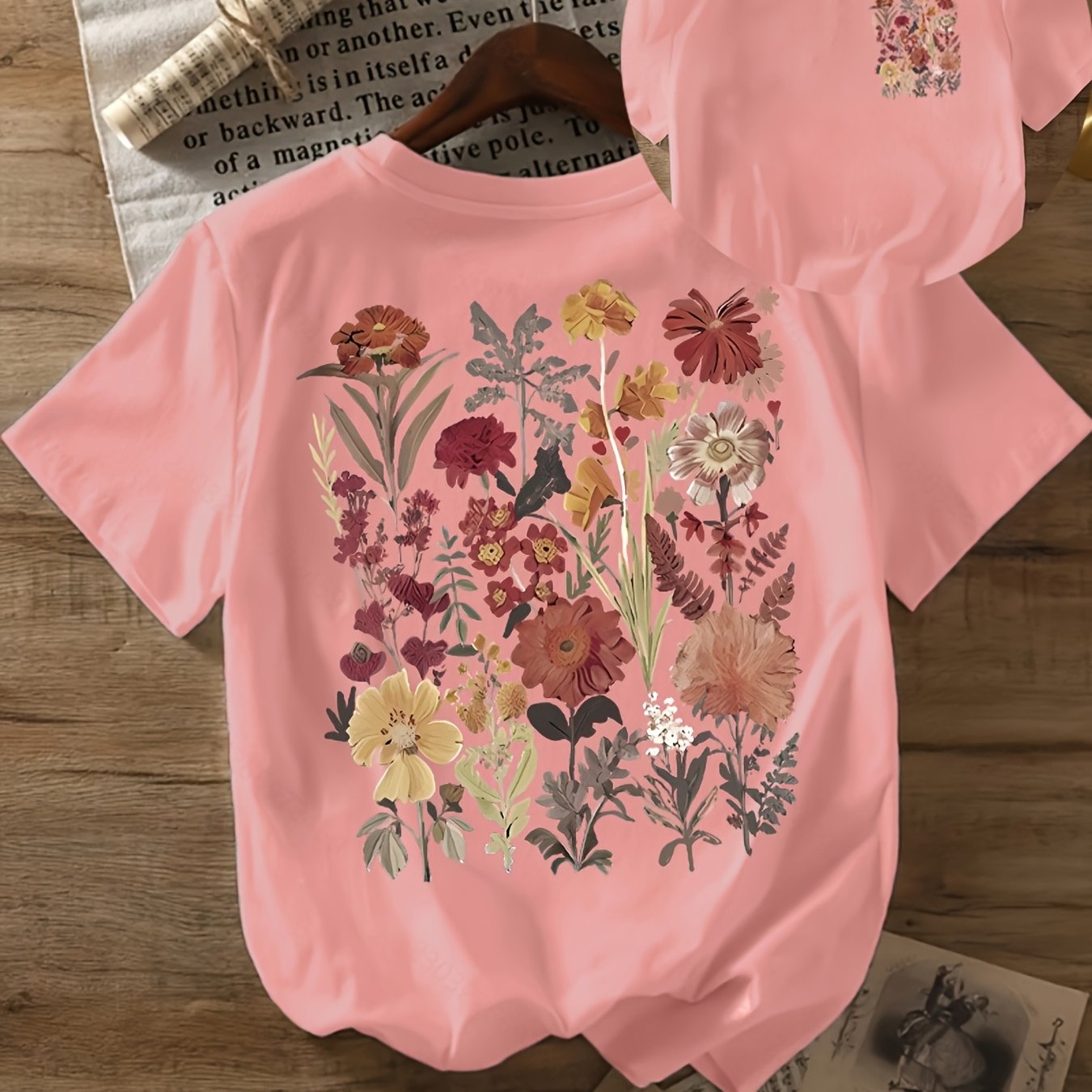 TEMU Chic Floral Print T-shirt For Women - Casual Crew Neck, Short Sleeve Top With , Breathable