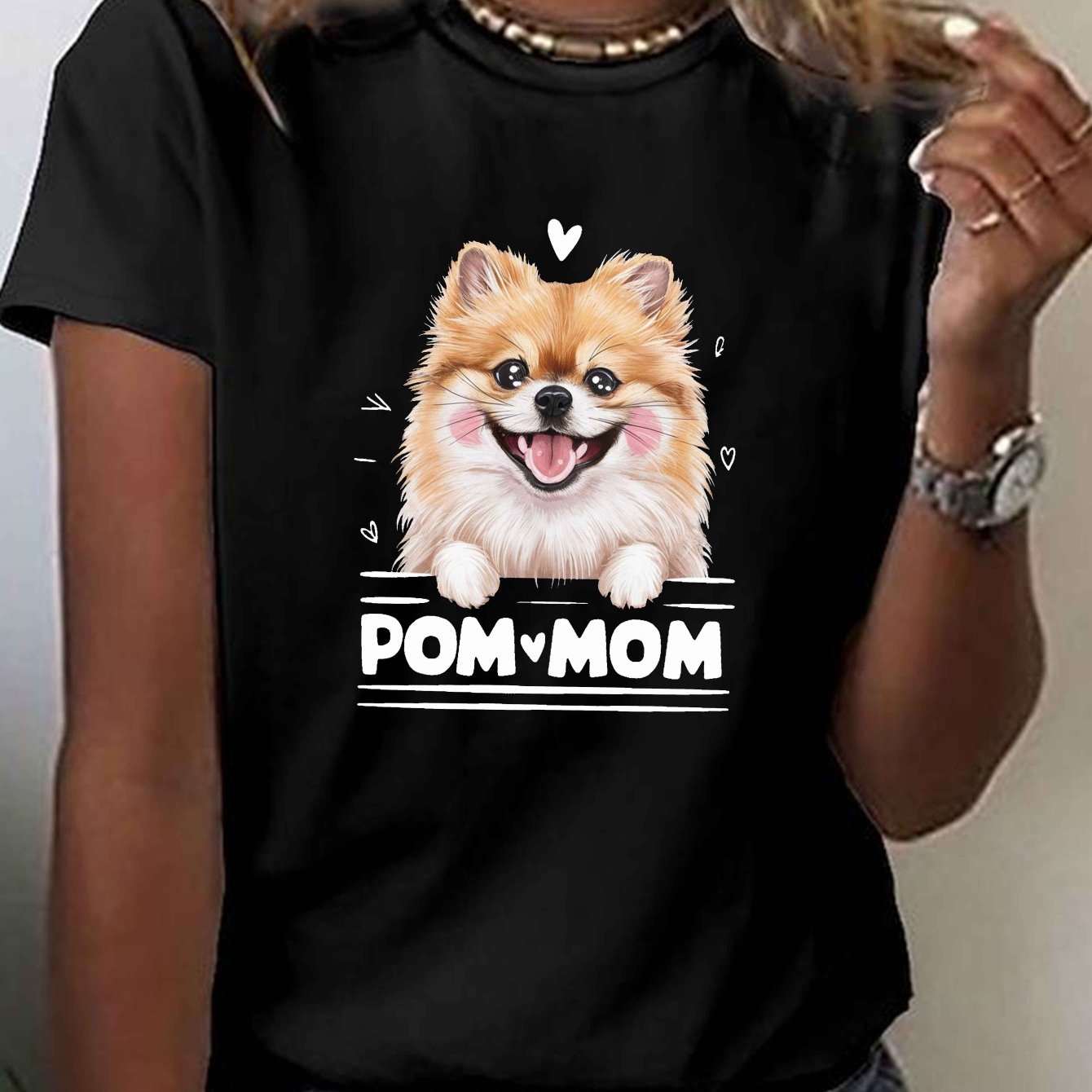 TEMU Women's Pom Mom Graphic T-shirt With Cute Pomeranian Dog Print - Soft Stretchy Short Sleeve Crew Neck Casual Top, Machine Washable Tee For Pet