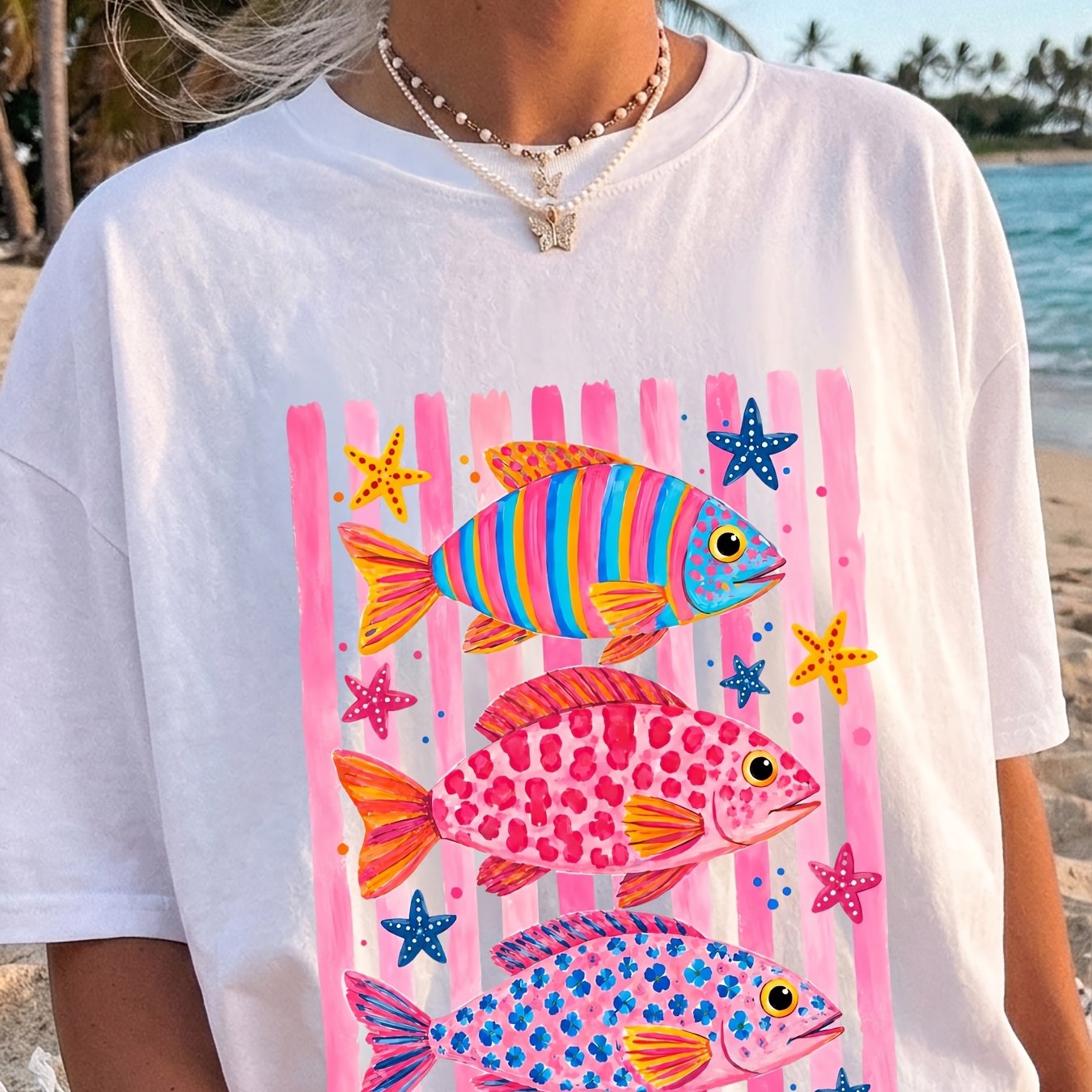 TEMU Starfish Pinstripe Pattern Print, Women's Summer Round Neck Casual Versatile T-shirt Short Sleeve, Daily Outing / / Seaside Vacation / Beach