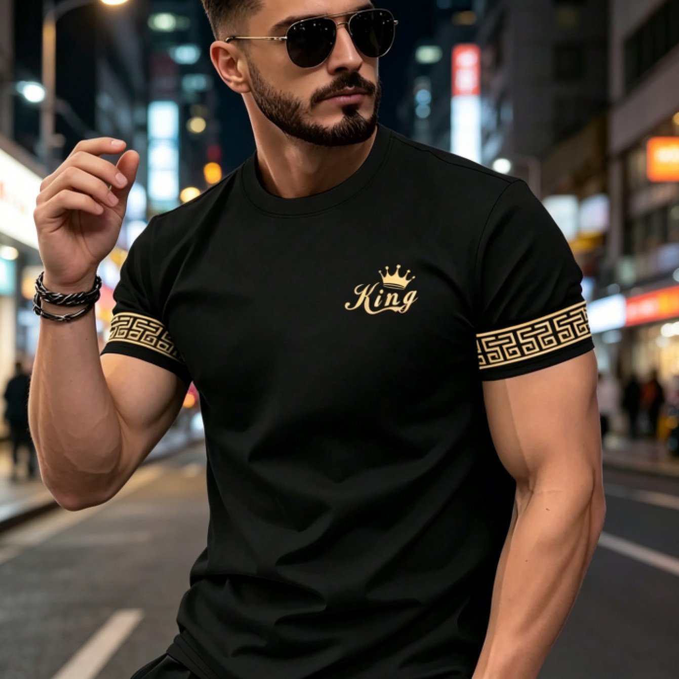TEMU [printed Design - Not Textured] Light And Golden Color Scheme Print Short Sleeve T-shirt, High-end Texture With Vintage Greek Key Cuff Design,