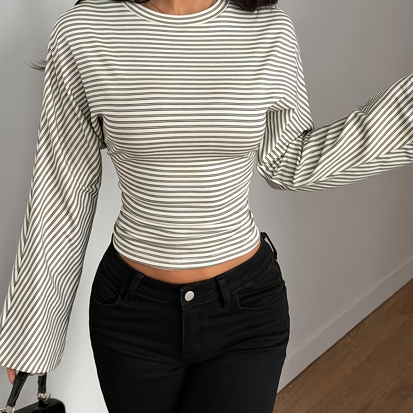TEMU Easy Elegant Color-block Striped Waist-cinching Long Sleeve Top, Casual Daily, Date, Street Style Loose Bell Sleeve Style