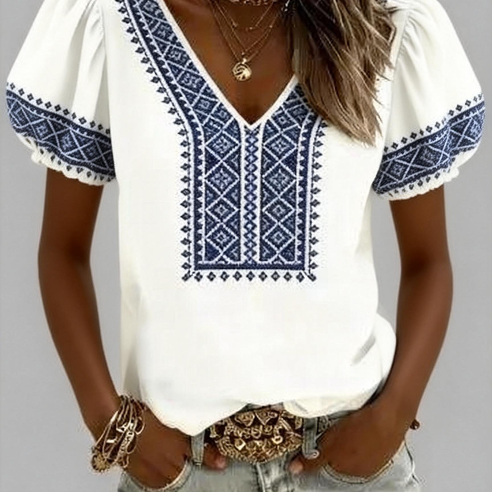 TEMU Spring/summer Vintage Ethnic Style 2d Print V-neck Women's Short-sleeve Top, Loose Fit Short-sleeve Top With Elastic Cuffs