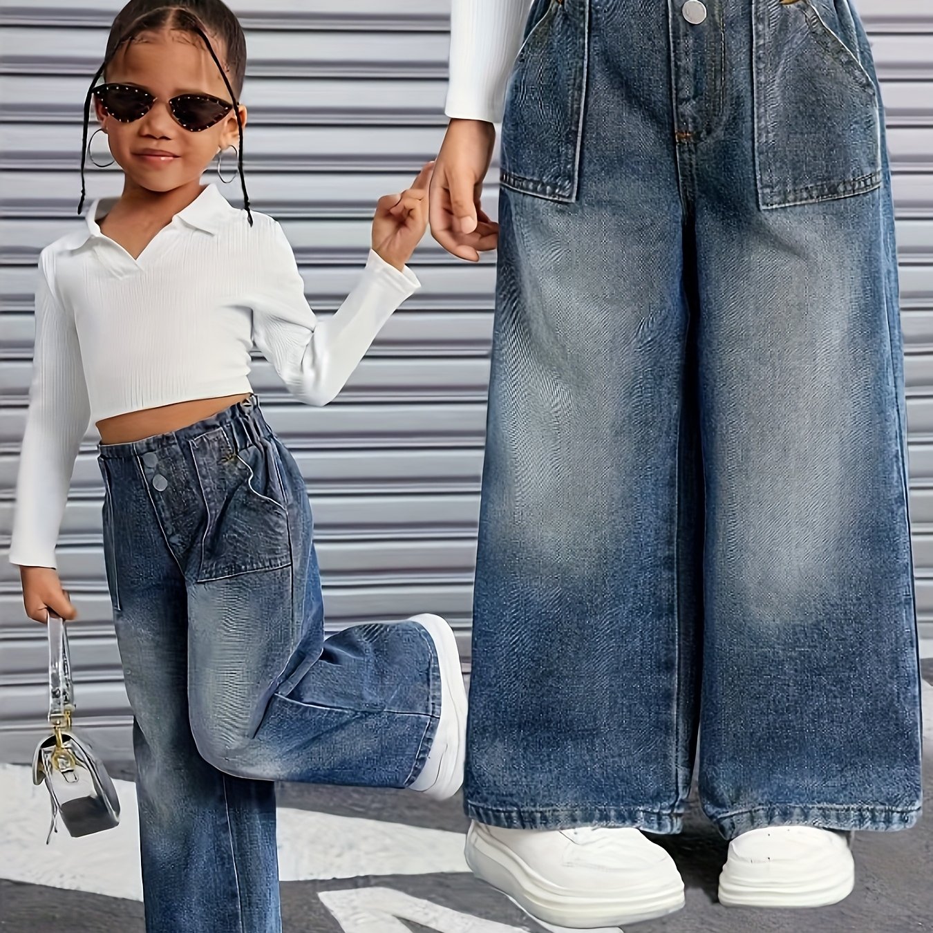Girls' Wide-leg Jeans - High-waisted Vintage Denim Pants With Double Button Closure & Large Pockets, Wide-leg Trousers Suitable For Kids, Machine Washable Retro Streetwear For, , Everyday Outfits