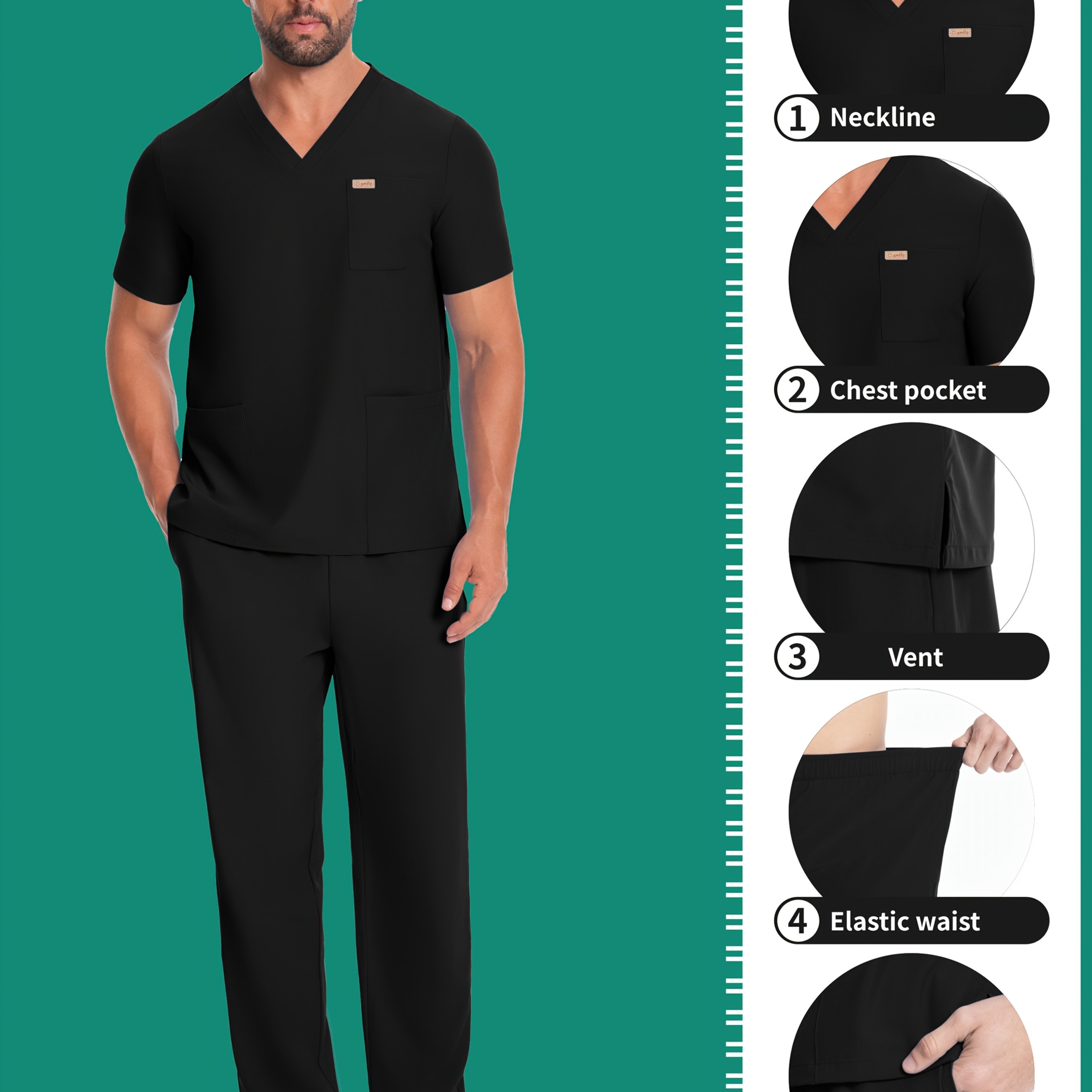 TEMU Men's Short Sleeve Workwear Set, Elastic V-neck Top With Chest Pocket, Breathable, Regular Fit, Solid Color, Laboratory Coat, Hand Wash, Pet