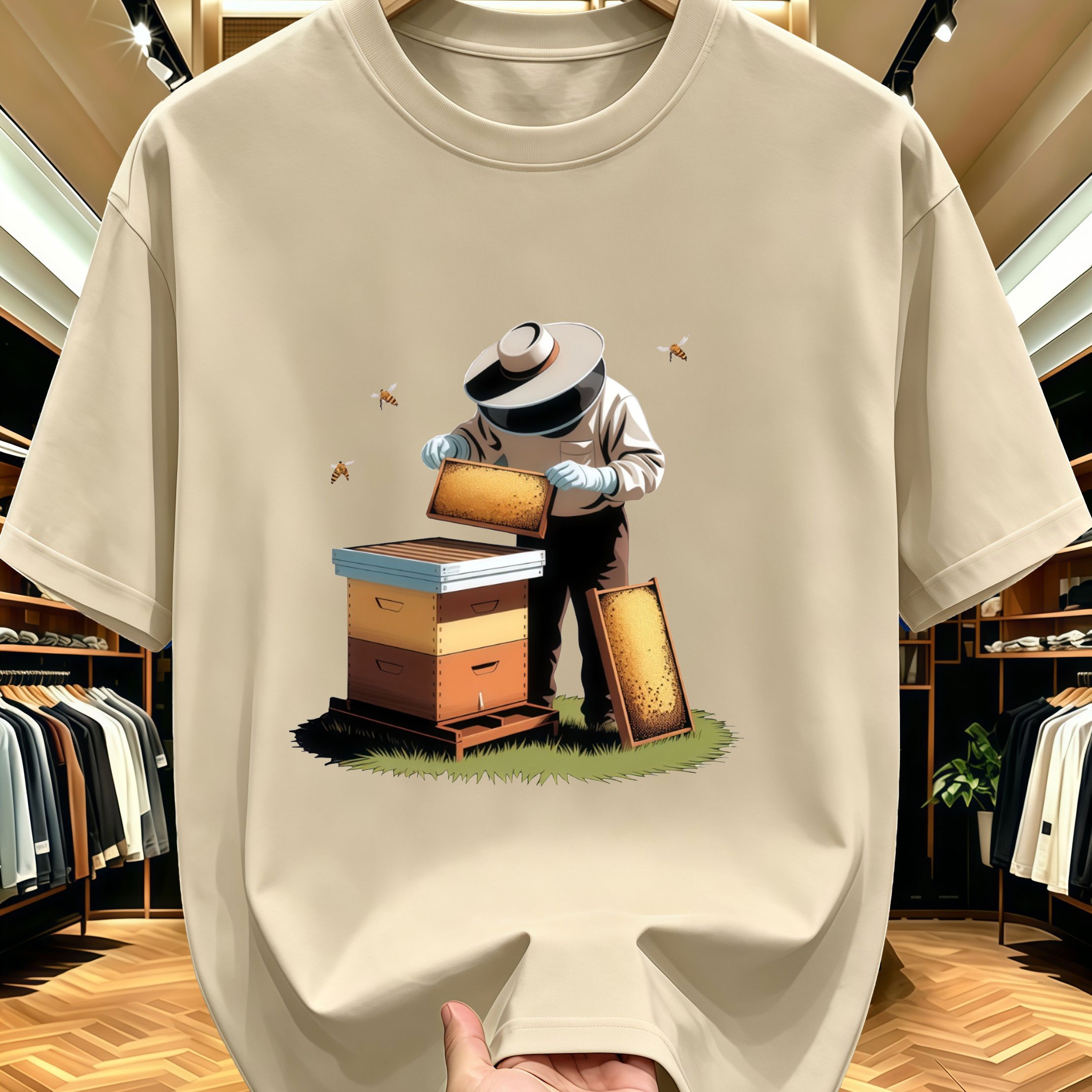 TEMU New Beekeeper Hive Golden Scene Print Men's Round Neck Short Sleeve T-shirt, Casual Comfortable Lightweight Summer Top