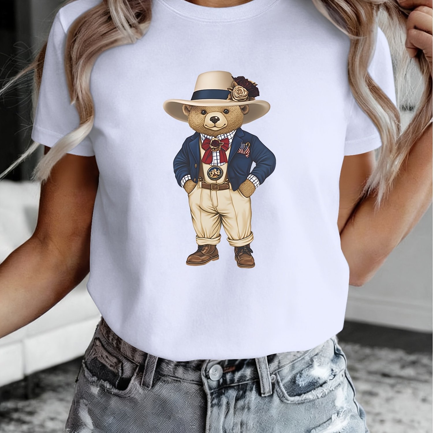 Image of Teddy Bear Cartoon Print Fashionable And Elegant Ladies' Pure T-shirt, Leisure And Versatile Comfortable Pure Round Neck Short Sleeve Top, Spring And Summer New Women's Wear, Sizes Xs-xxl
