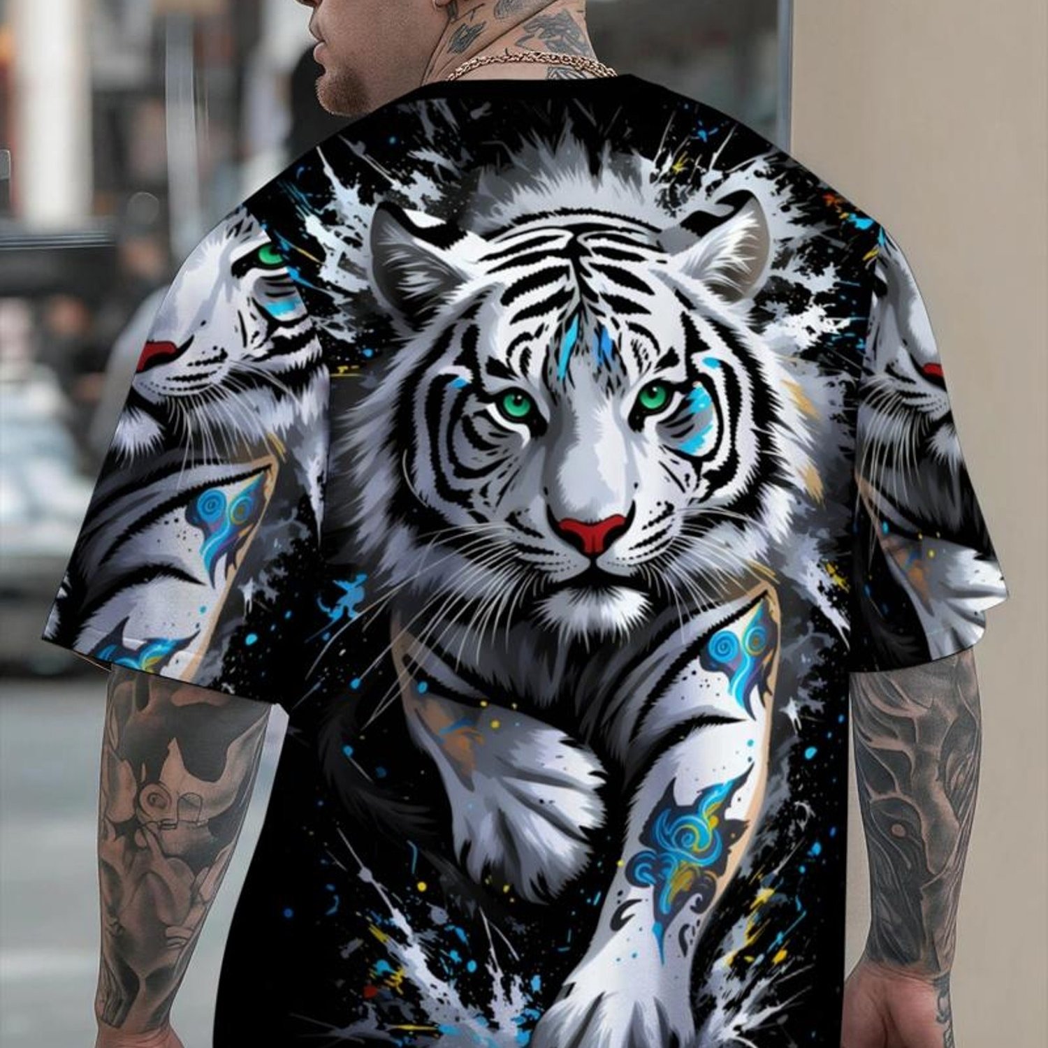 TEMU Men's Plus Size Graphic Tiger T-shirt, Mixed Colors, Multiple Sizes Available, Artistic Tiger Print, Vibrant Dynamic Design, Casual Daily Wear,