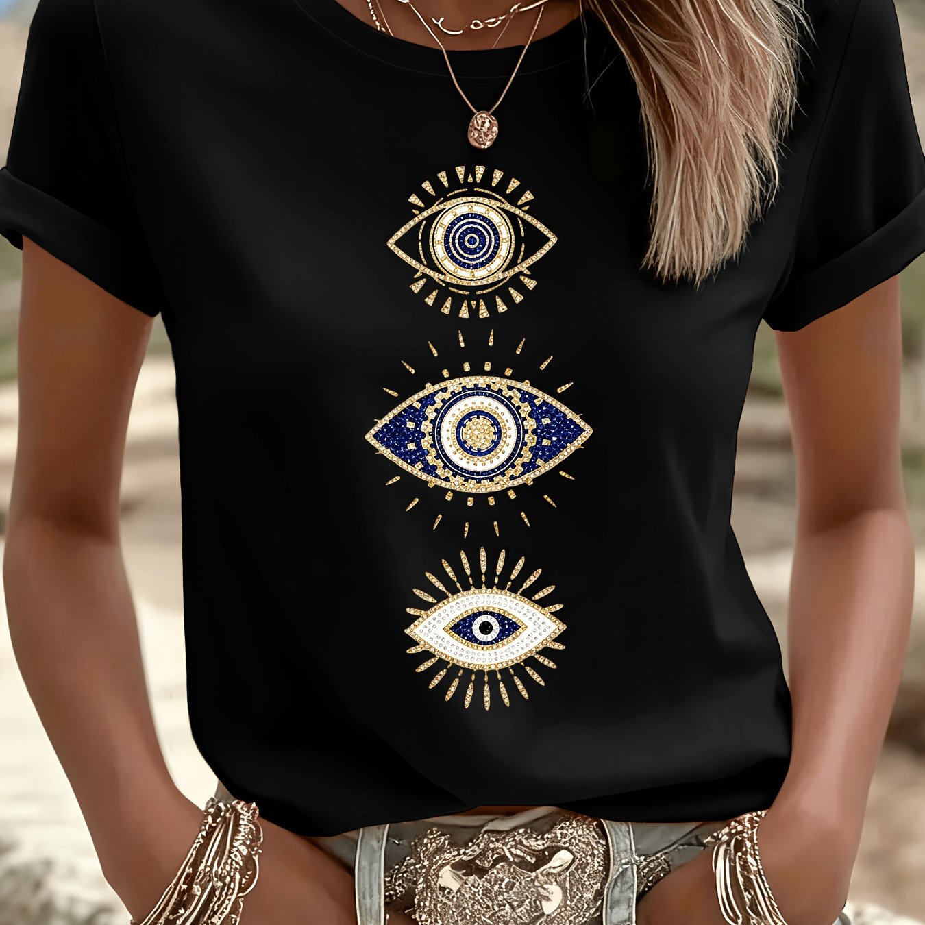 Image of A Design Featuring 3 Evil Eye Patterns With Golden And Blue Details On A Pure T Shirt Women's T Shirt High Quality T Shirt Summer Beach Wear For Casual And Gifts For Who Love Boho Style