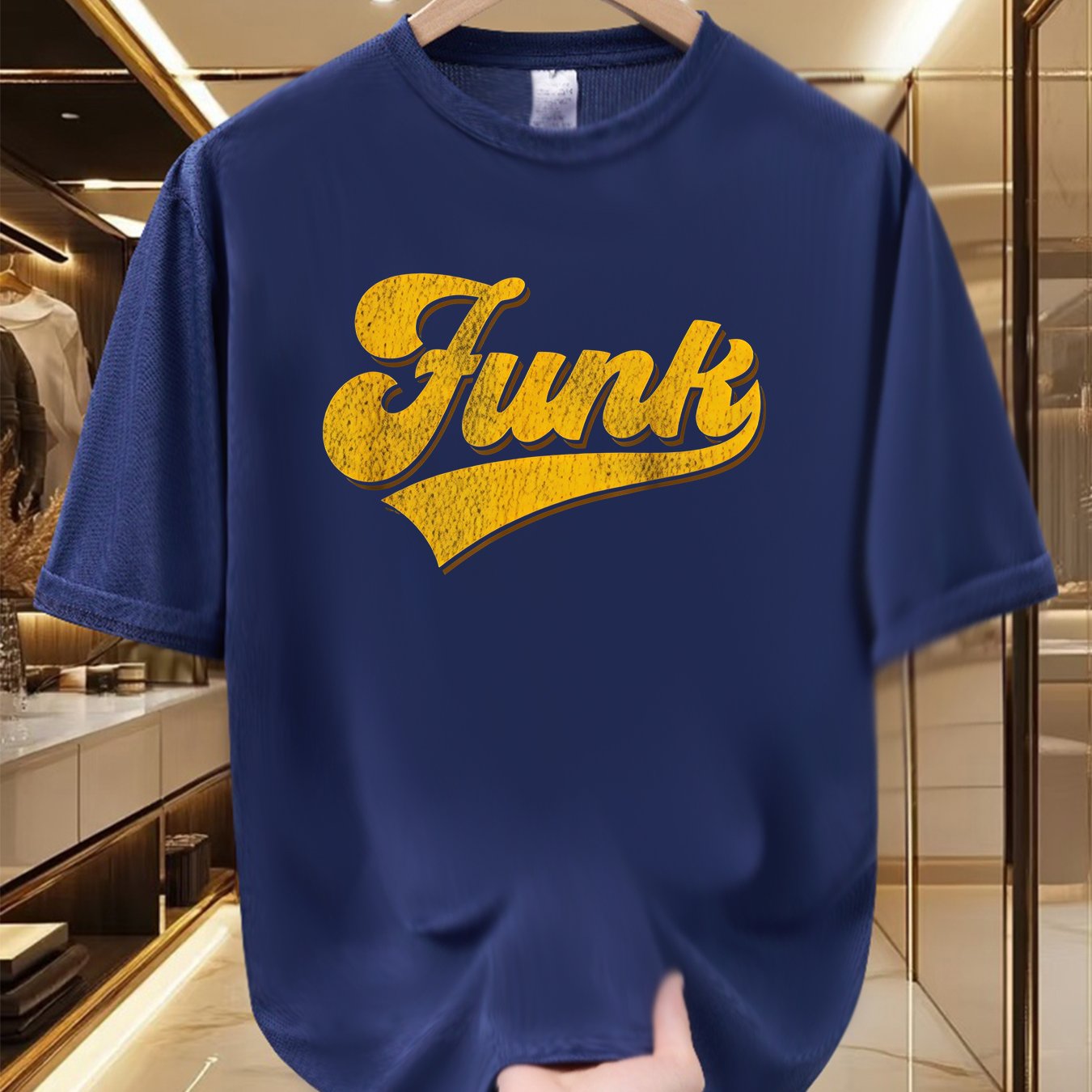 TEMU T-shirt rétro pour homme avec imprimé funk jaune vif - 100 % polyester, col ras du cou, manches courtes, décontracté pour l'été, avec design