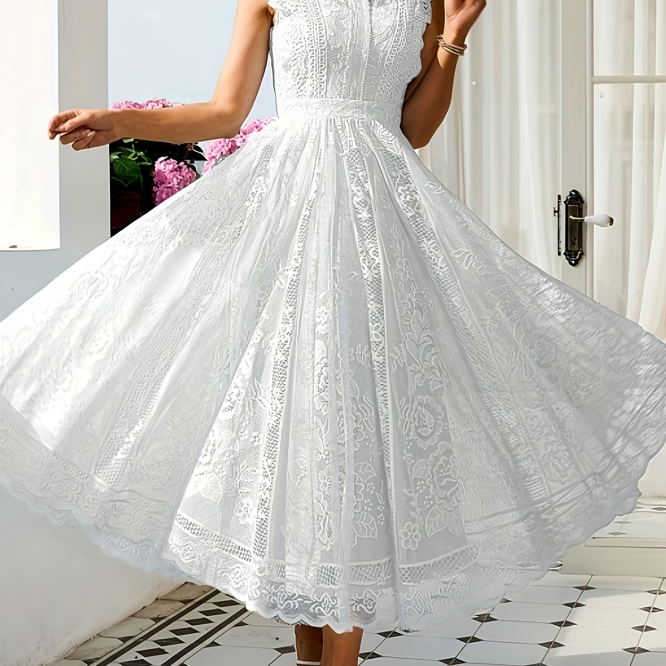 item picture wedding guest dress womens new elegant lace fan shaped flared dress sleeveless lace gown vintage suitable for wedding bridesmaid dress evening casual romantic date