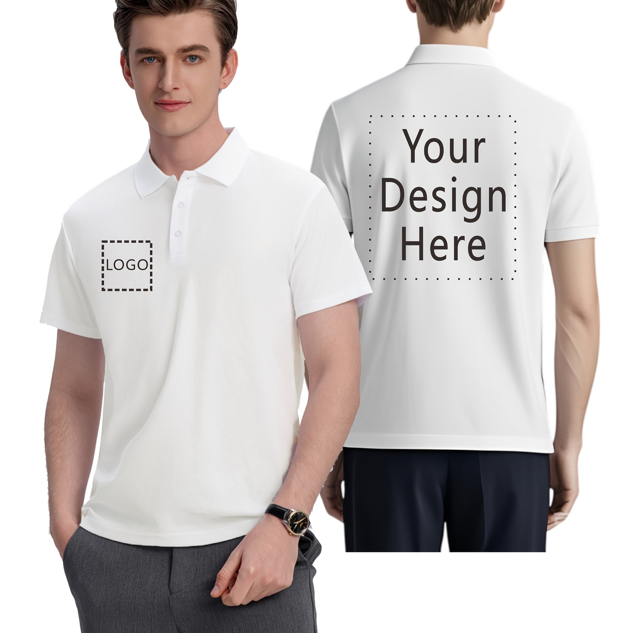 TEMU [custom Item] Men's Casual Collared Short Sleeve Shirt Customization, Right Chest And Back Customizable Logo Patterns, Breathable And