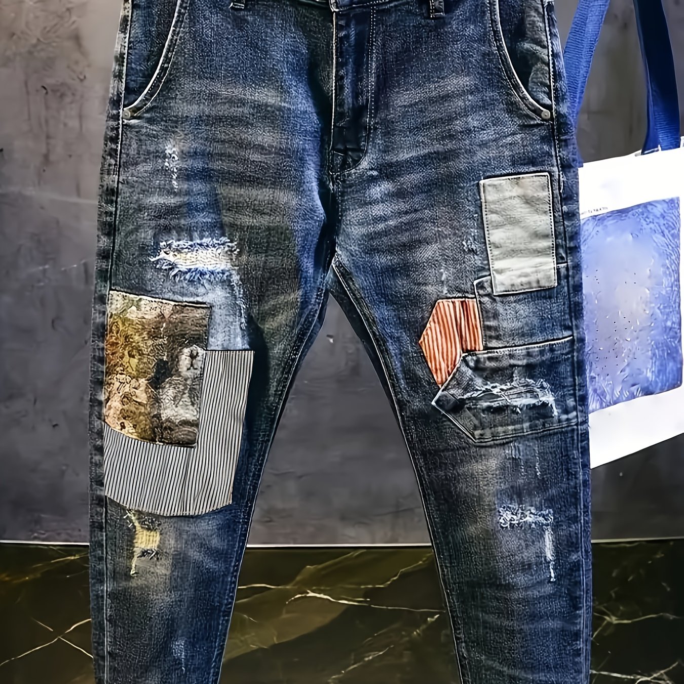 Image of Vintage Denim Jeans For Men, Trendy Brand Ripped Pants With Random Bear Patches, Loose Fit Tapered Stretch Cool Pants