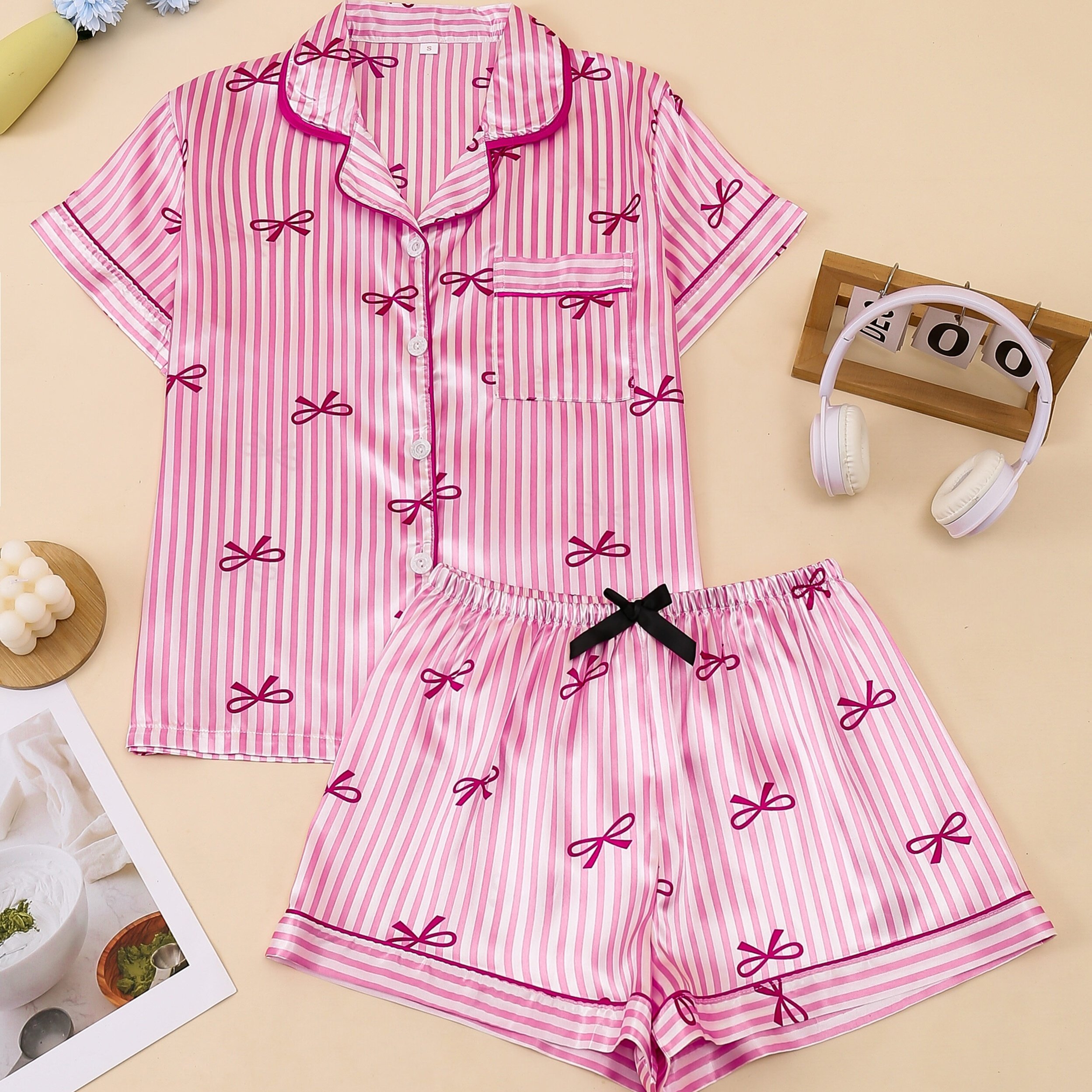 TEMU Women's Soft Pink Striped Bow 2pcs Pajama Set, Short-sleeve Cardigan And Elastic Waist Shorts, Comfortable Sleepwear And Loungewear For Spring,
